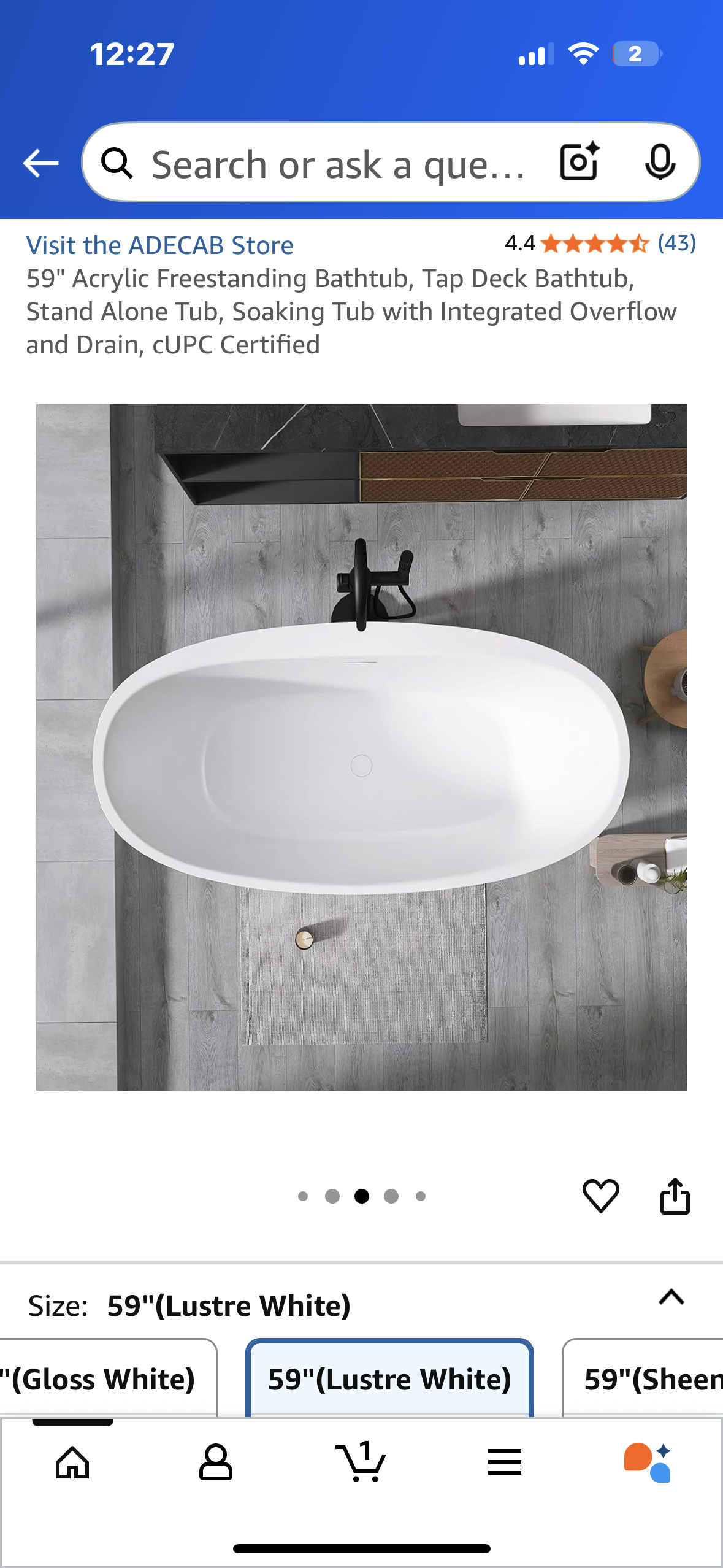 59" Acrylic Freestanding Bathtub, Tap Deck Bathtub, Stand Alone Tub, Soaking Tub with Integrated Overflow and Drain, CUPC Certified (B1099)