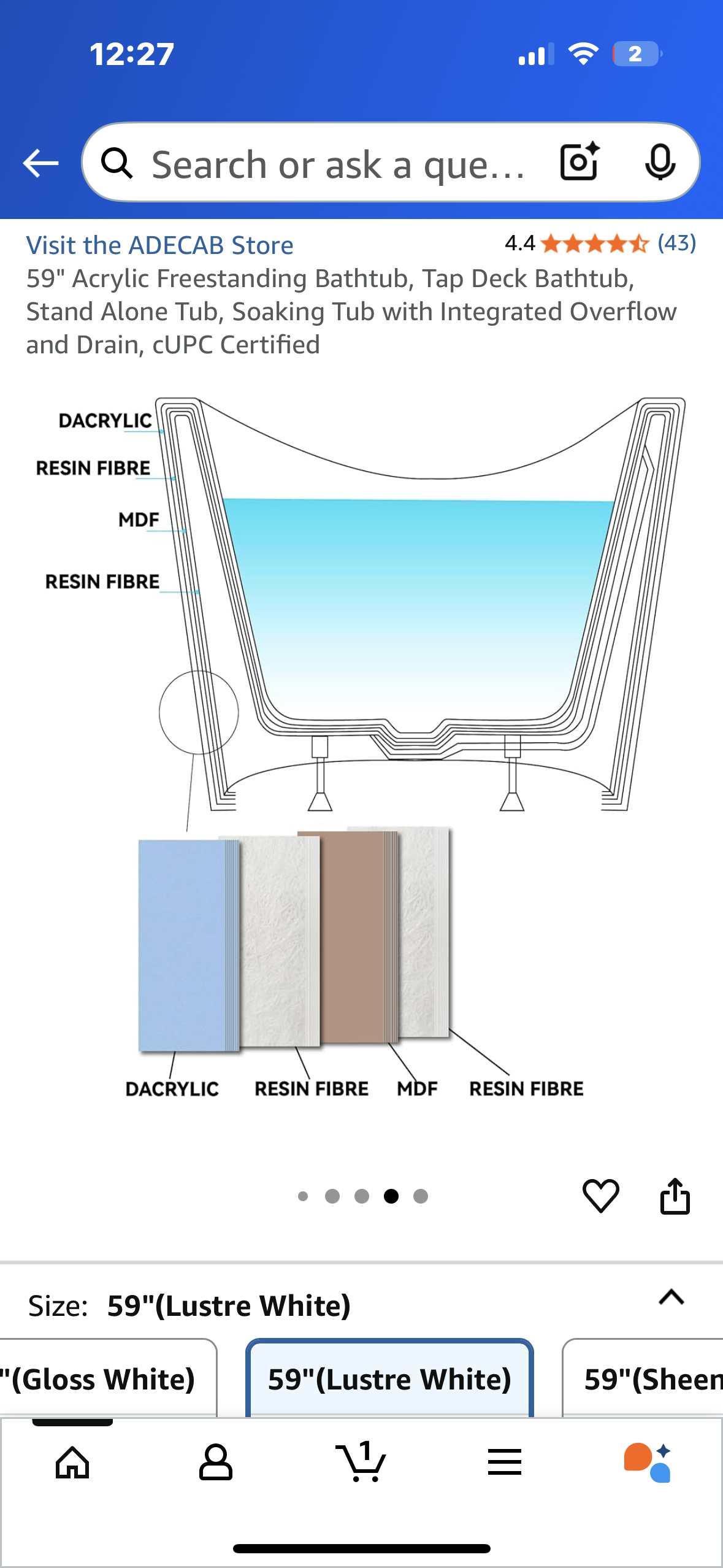 59" Acrylic Freestanding Bathtub, Tap Deck Bathtub, Stand Alone Tub, Soaking Tub with Integrated Overflow and Drain, CUPC Certified (B1099)