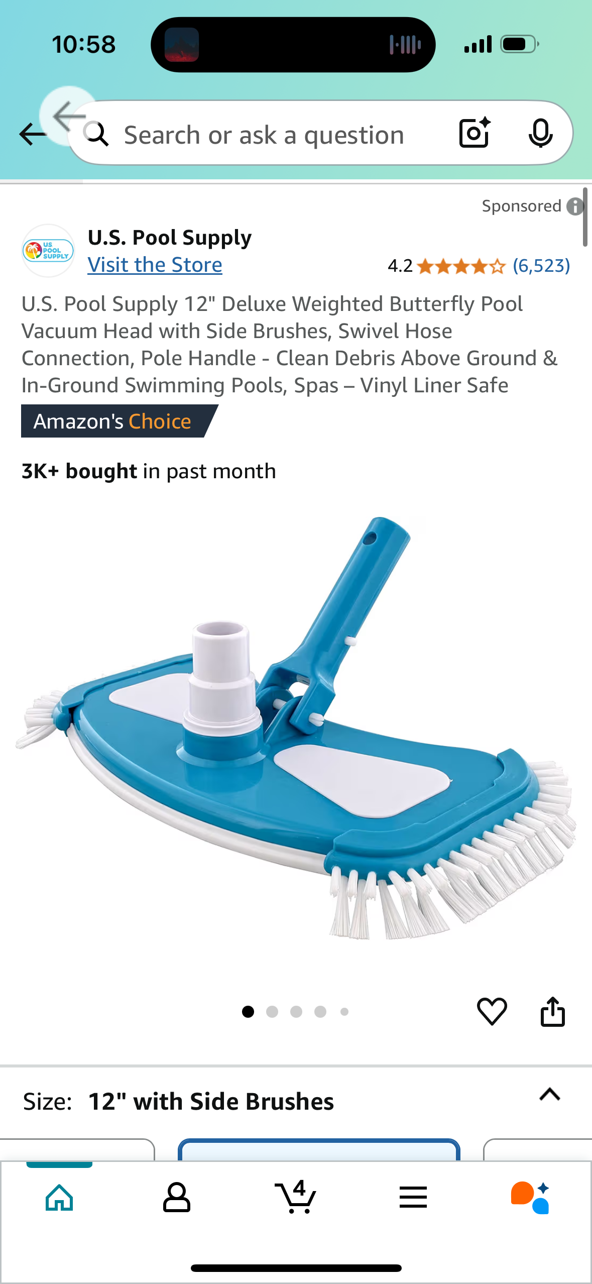 U.S. Pool Supply 12" Deluxe Weighted Butterfly Pool Vacuum Head with Side Brushes, Swivel Hose Connection, Pole Handle - Clean Debris Above Ground & In-Ground Swimming Pools, Spas – Vinyl Liner Safe