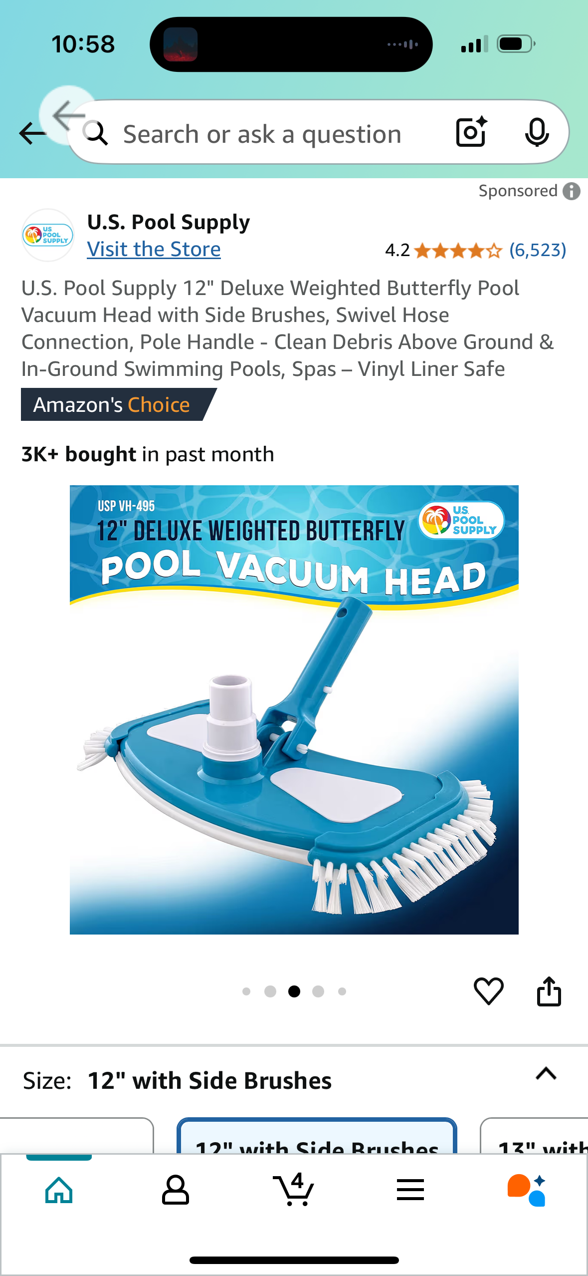 U.S. Pool Supply 12" Deluxe Weighted Butterfly Pool Vacuum Head with Side Brushes, Swivel Hose Connection, Pole Handle - Clean Debris Above Ground & In-Ground Swimming Pools, Spas – Vinyl Liner Safe