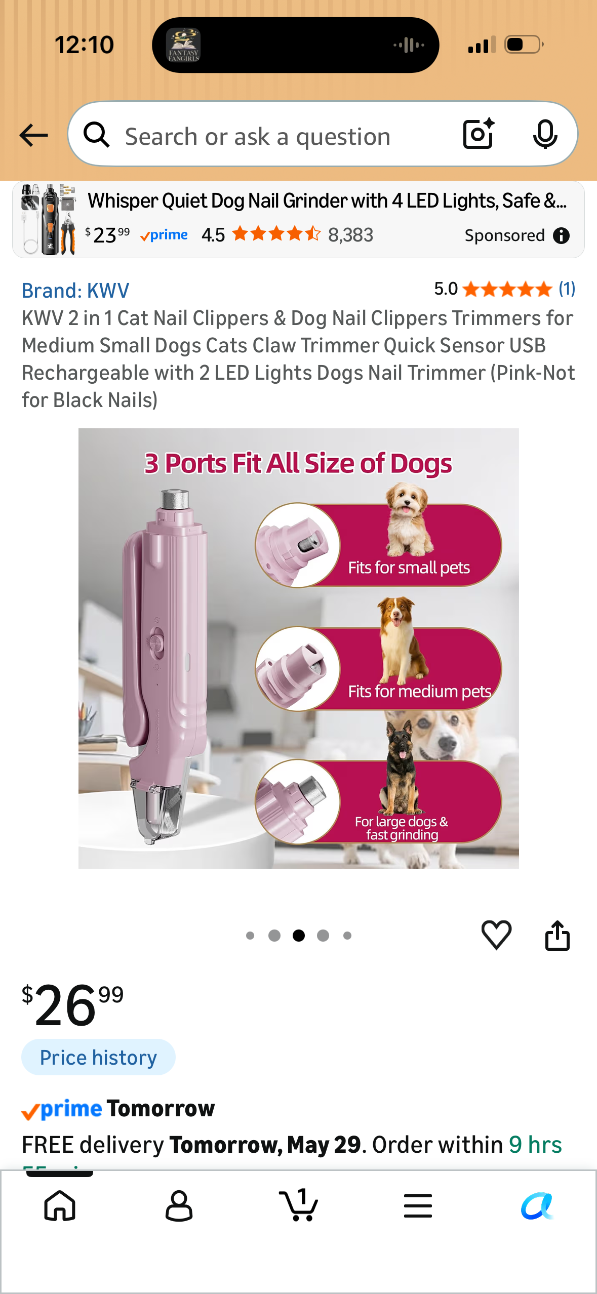KWV 2 in 1 Cat Nail Clippers & Dog Nail Clippers Trimmers for Medium Small Dogs Cats Claw Trimmer Quick Sensor USB Rechargeable with 2 LED Lights Dogs Nail Trimmer (Pink-Not for Black Nails)