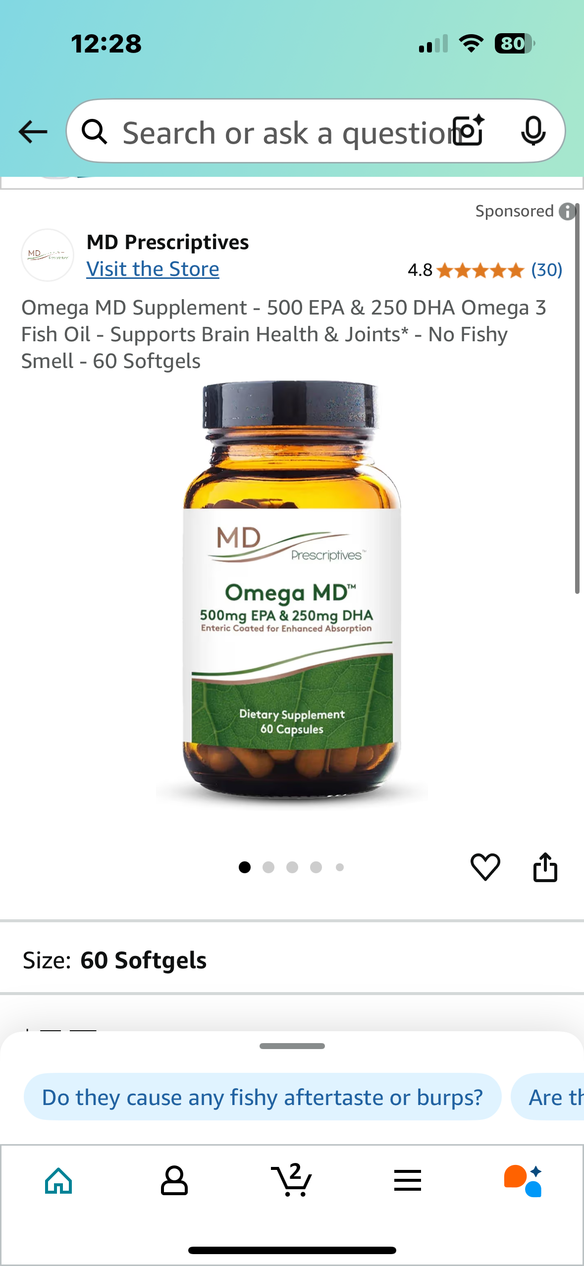 Omega MD Supplement - 500 EPA & 250 DHA Omega 3 Fish Oil - Supports Brain Health & Joints* - No Fishy Smell - 60 Softgels