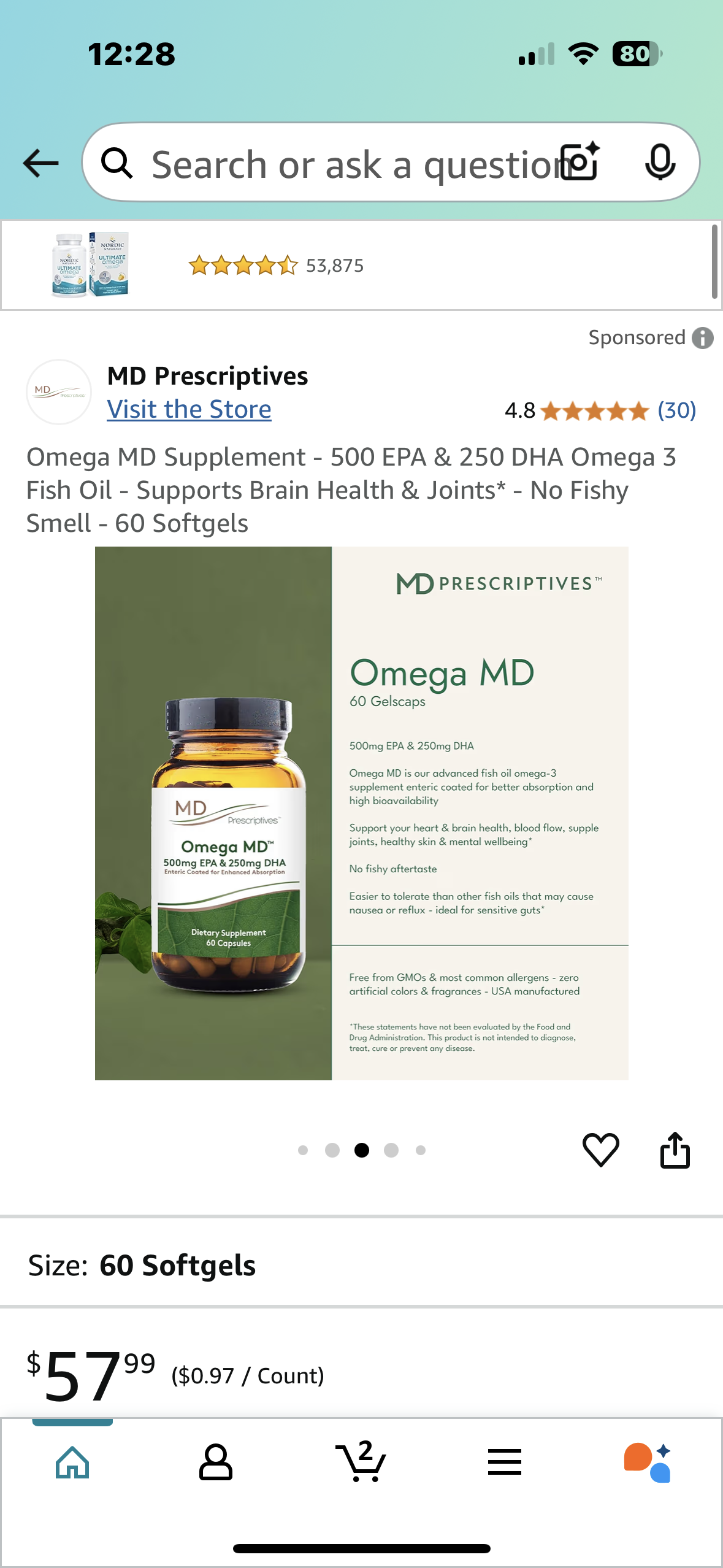Omega MD Supplement - 500 EPA & 250 DHA Omega 3 Fish Oil - Supports Brain Health & Joints* - No Fishy Smell - 60 Softgels