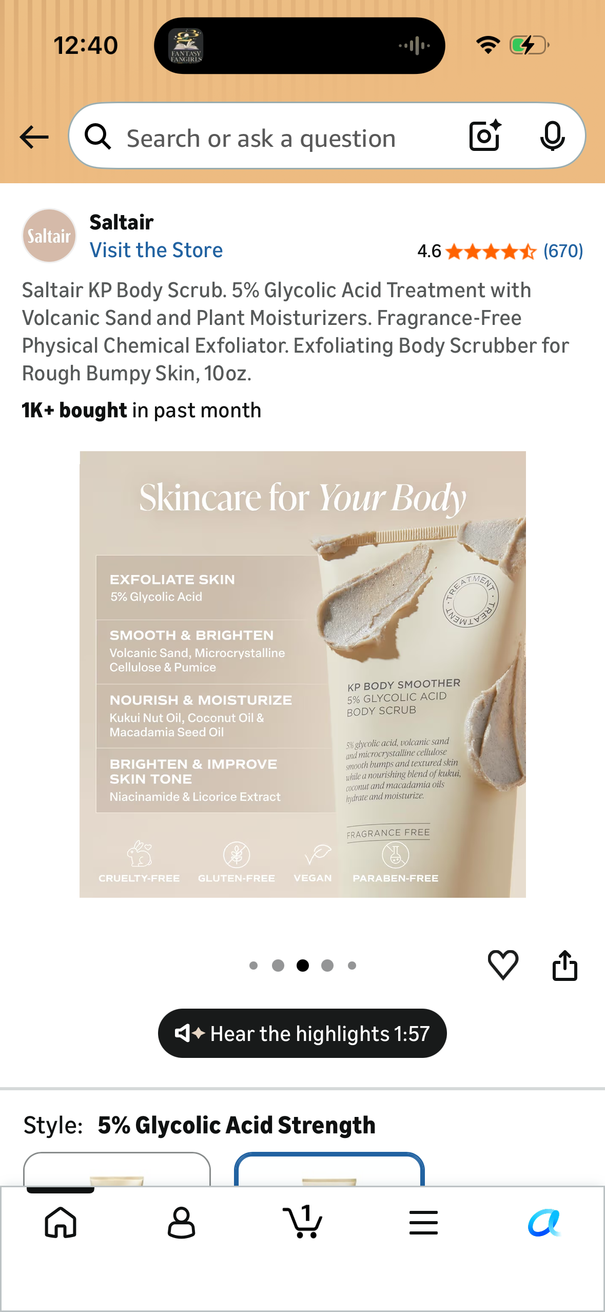 Saltair KP Body Scrub. 5% Glycolic Acid Treatment with Volcanic Sand and Plant Moisturizers. Fragrance-Free Physical Chemical Exfoliator. Exfoliating Body Scrubber for Rough Bumpy Skin, 10oz.