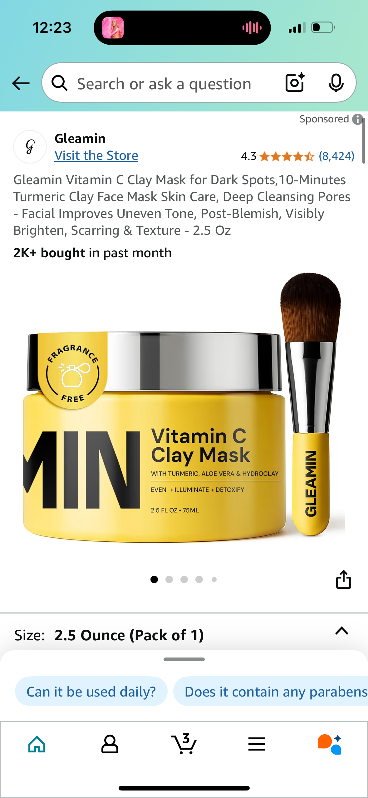 Gleamin Vitamin C Clay Mask for Dark Spots,10-Minutes Turmeric Clay Face Mask Skin Care, Deep Cleansing Pores - Facial Improves Uneven Tone, Post-Blemish, Visibly Brighten, Scarring & Texture - 2.5 Oz