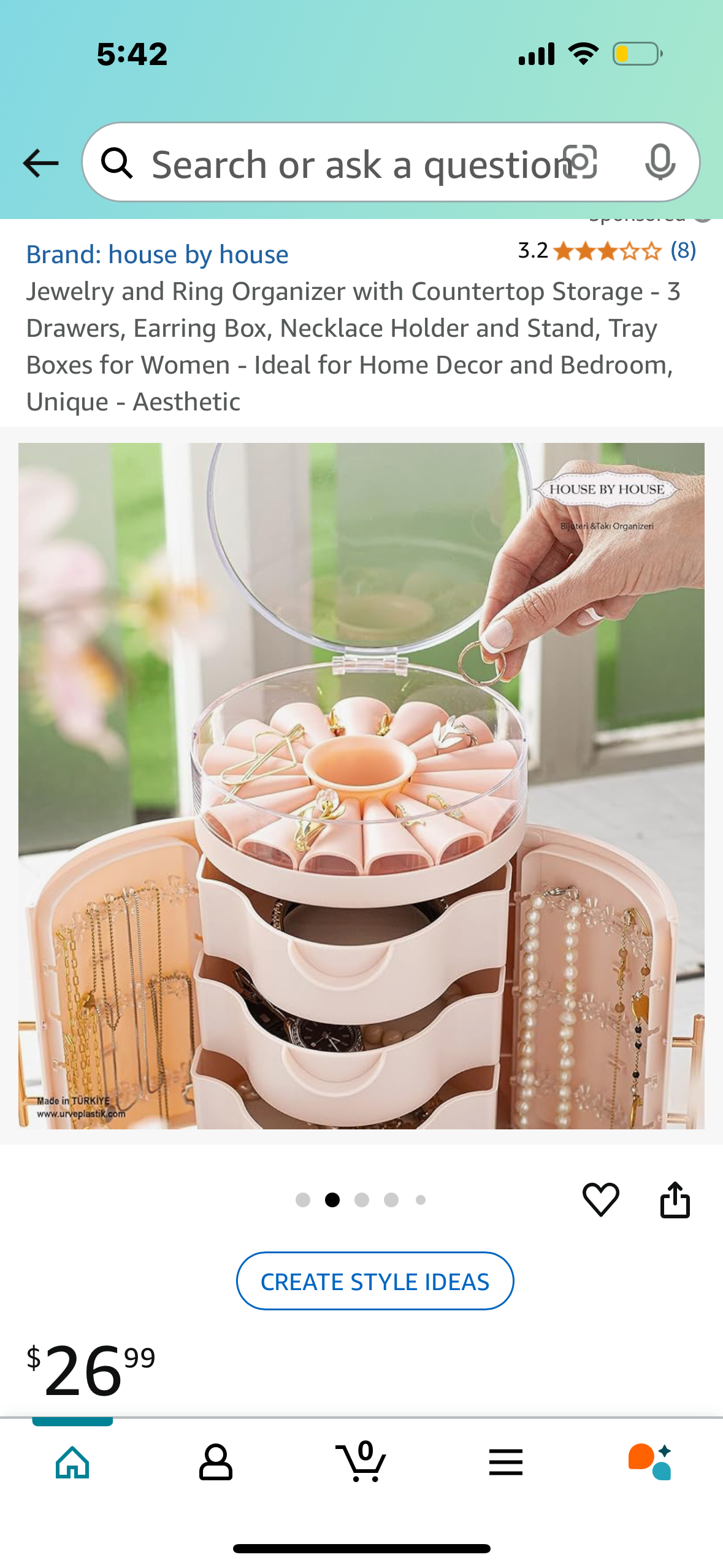 Jewelry and Ring Organizer with Countertop Storage - 3 Drawers, Earring Box, Necklace Holder and Stand, Tray Boxes for Women - Ideal for Home Decor and Bedroom, Unique - Aesthetic