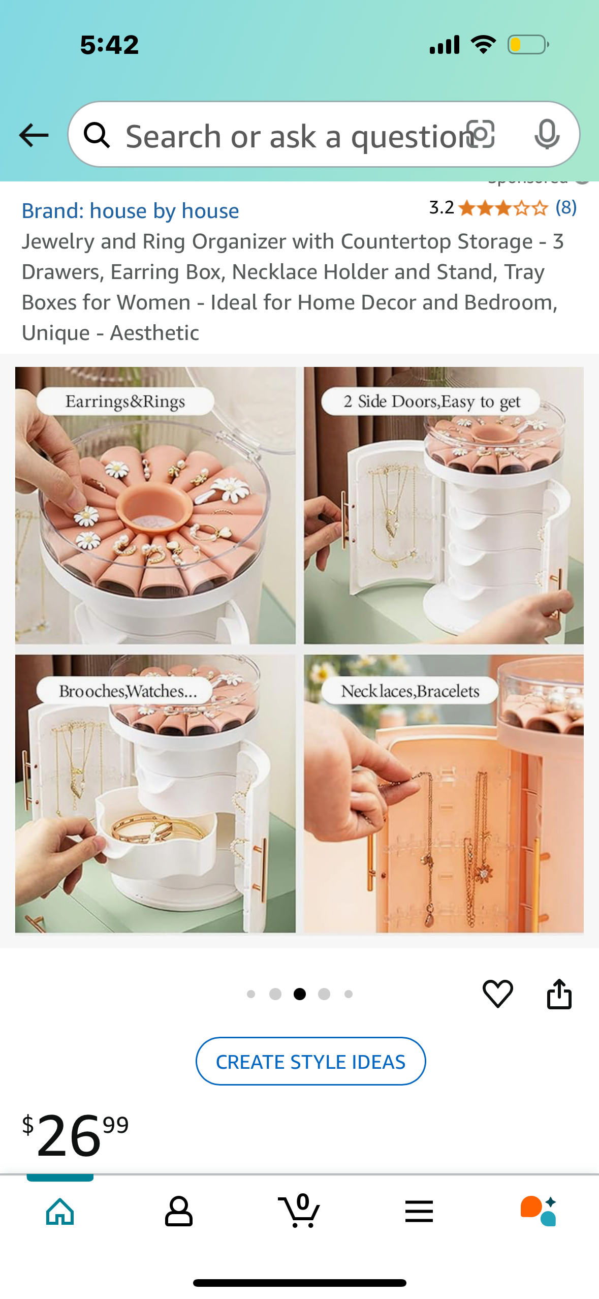 Jewelry and Ring Organizer with Countertop Storage - 3 Drawers, Earring Box, Necklace Holder and Stand, Tray Boxes for Women - Ideal for Home Decor and Bedroom, Unique - Aesthetic