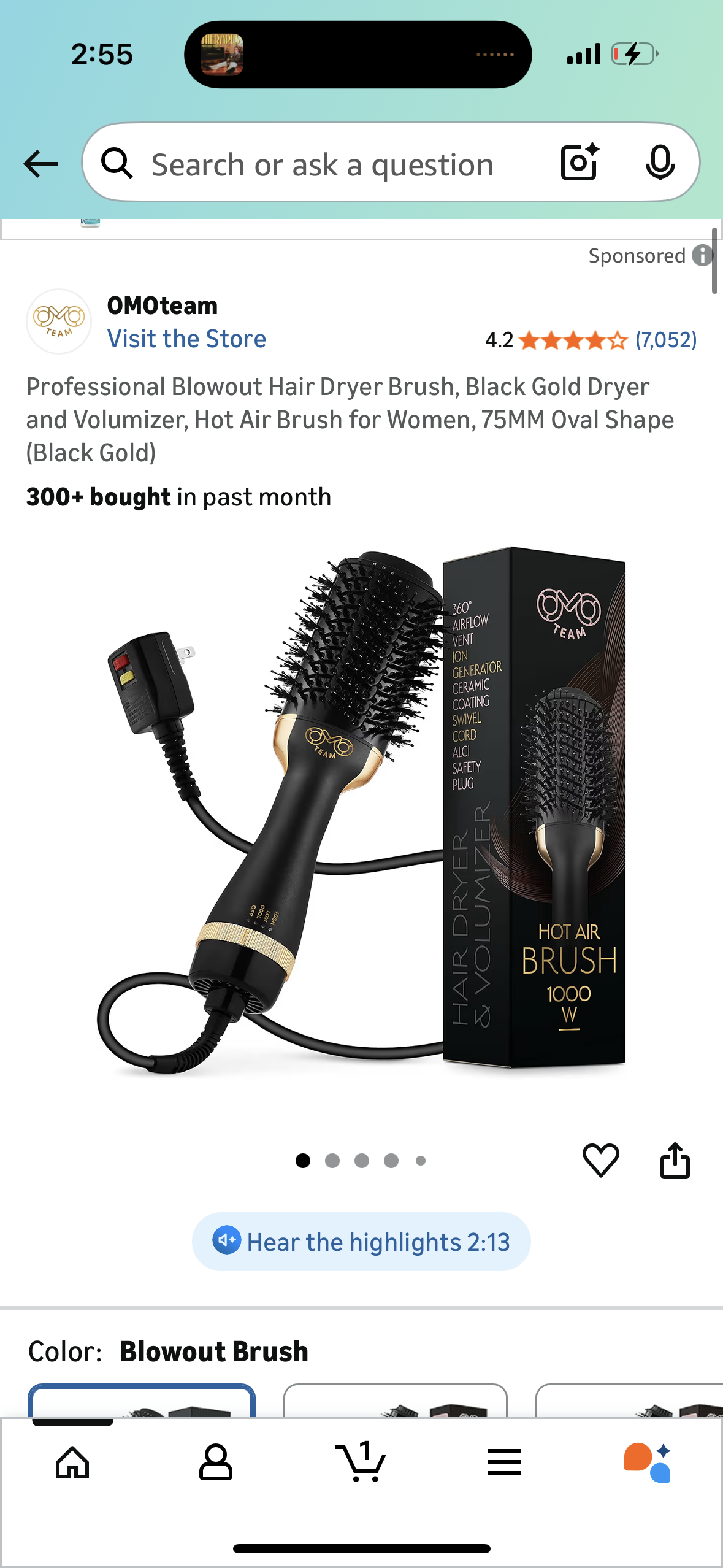 Professional Blowout Hair Dryer Brush, Black Gold Dryer and Volumizer, Hot Air Brush for Women, 75MM Oval Shape (Black Gold)