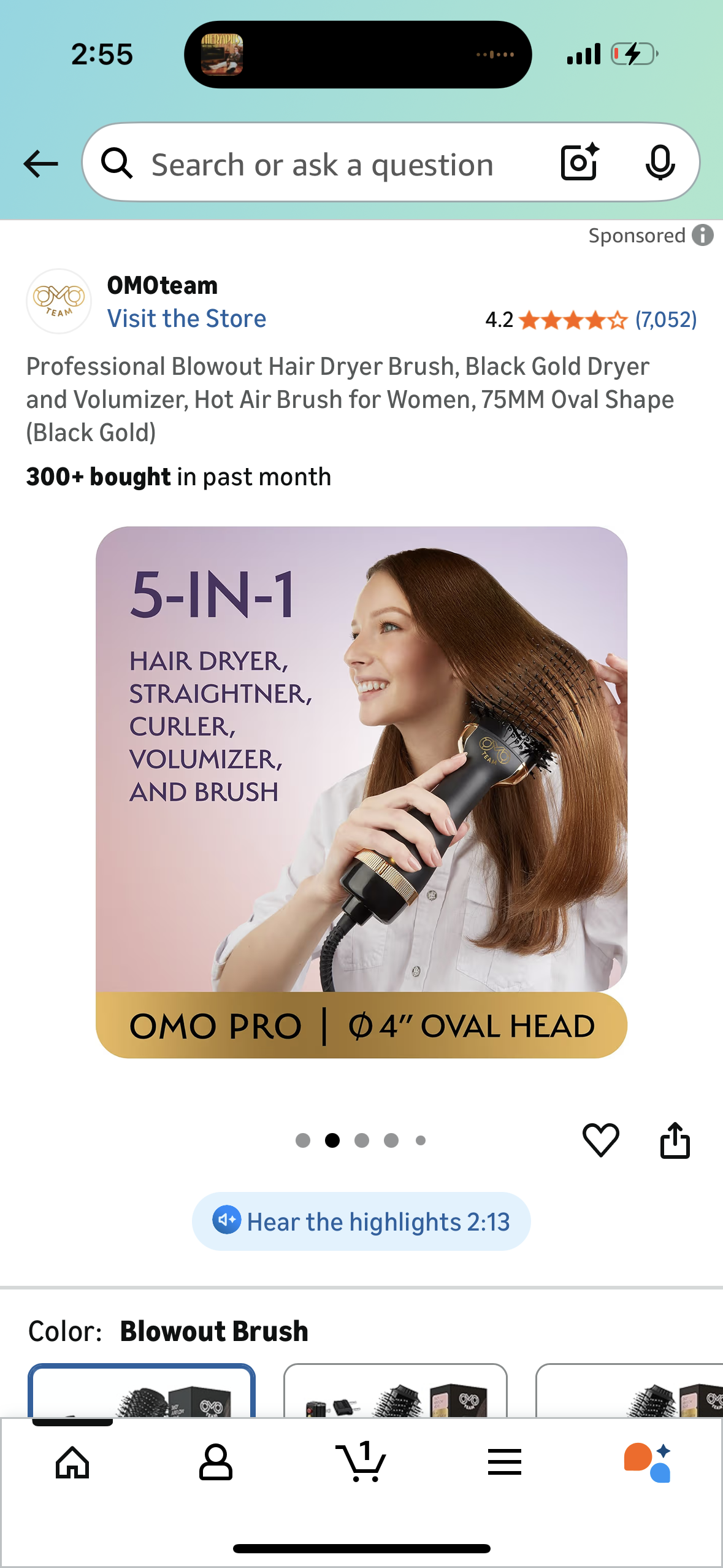 Professional Blowout Hair Dryer Brush, Black Gold Dryer and Volumizer, Hot Air Brush for Women, 75MM Oval Shape (Black Gold)