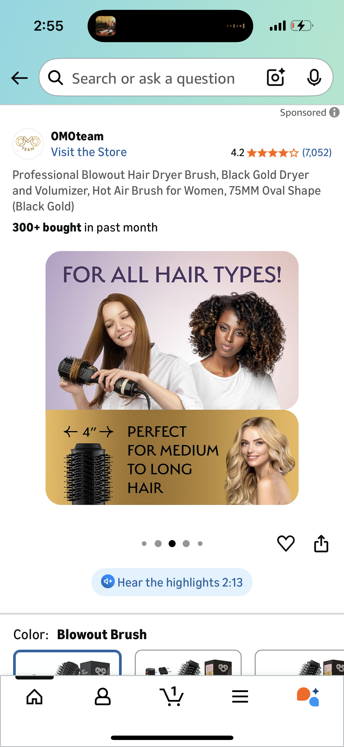 Professional Blowout Hair Dryer Brush, Black Gold Dryer and Volumizer, Hot Air Brush for Women, 75MM Oval Shape (Black Gold)