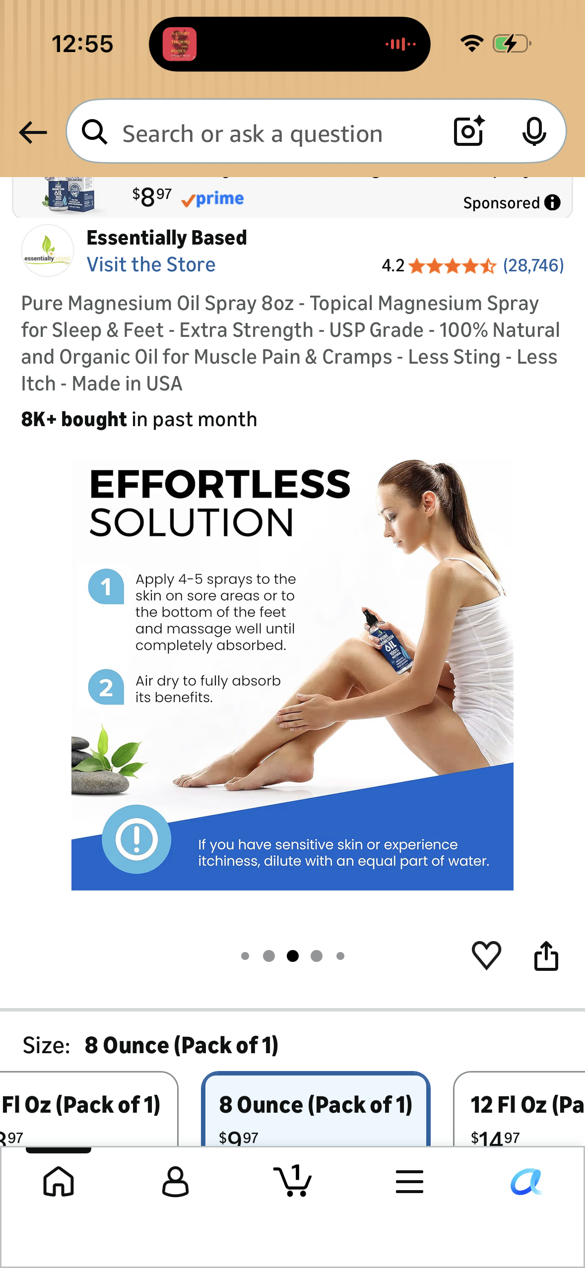 Pure Magnesium Oil Spray 8oz - Topical Magnesium Spray for Sleep & Feet - Extra Strength - USP Grade - 100% Natural and Organic Oil for Muscle Pain & Cramps - Less Sting - Less Itch - Made in USA