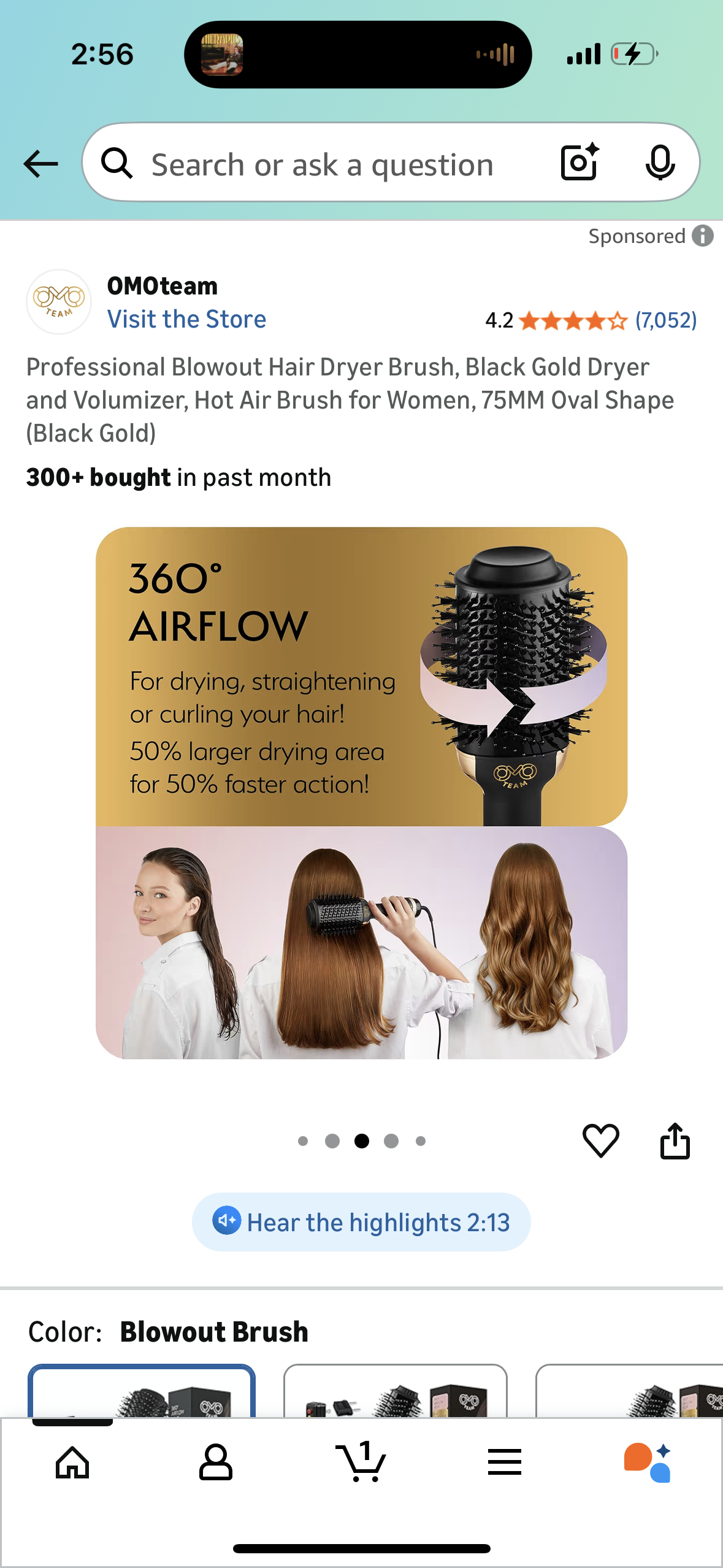 Professional Blowout Hair Dryer Brush, Black Gold Dryer and Volumizer, Hot Air Brush for Women, 75MM Oval Shape (Black Gold)