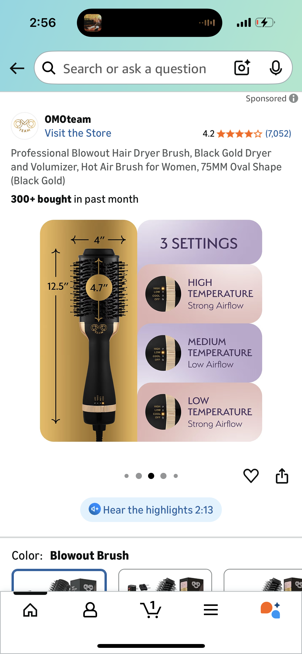 Professional Blowout Hair Dryer Brush, Black Gold Dryer and Volumizer, Hot Air Brush for Women, 75MM Oval Shape (Black Gold)