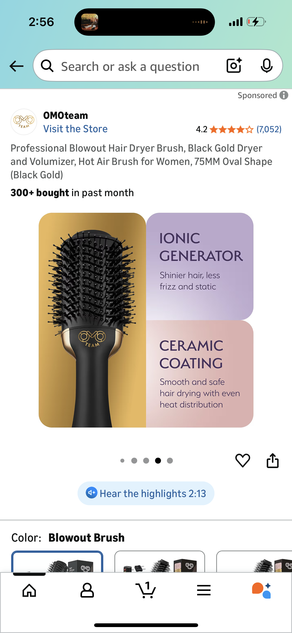 Professional Blowout Hair Dryer Brush, Black Gold Dryer and Volumizer, Hot Air Brush for Women, 75MM Oval Shape (Black Gold)