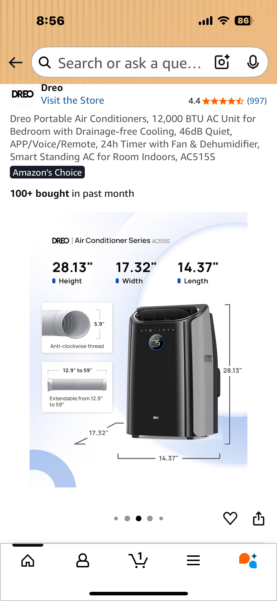 Dreo Portable Air Conditioner, 12,000 BTU AC Unit with Drainage-free Cooling, 46dB Quiet, APP/Voice/Remote, 24h Timer with Fan & Dehumidifier (R689)