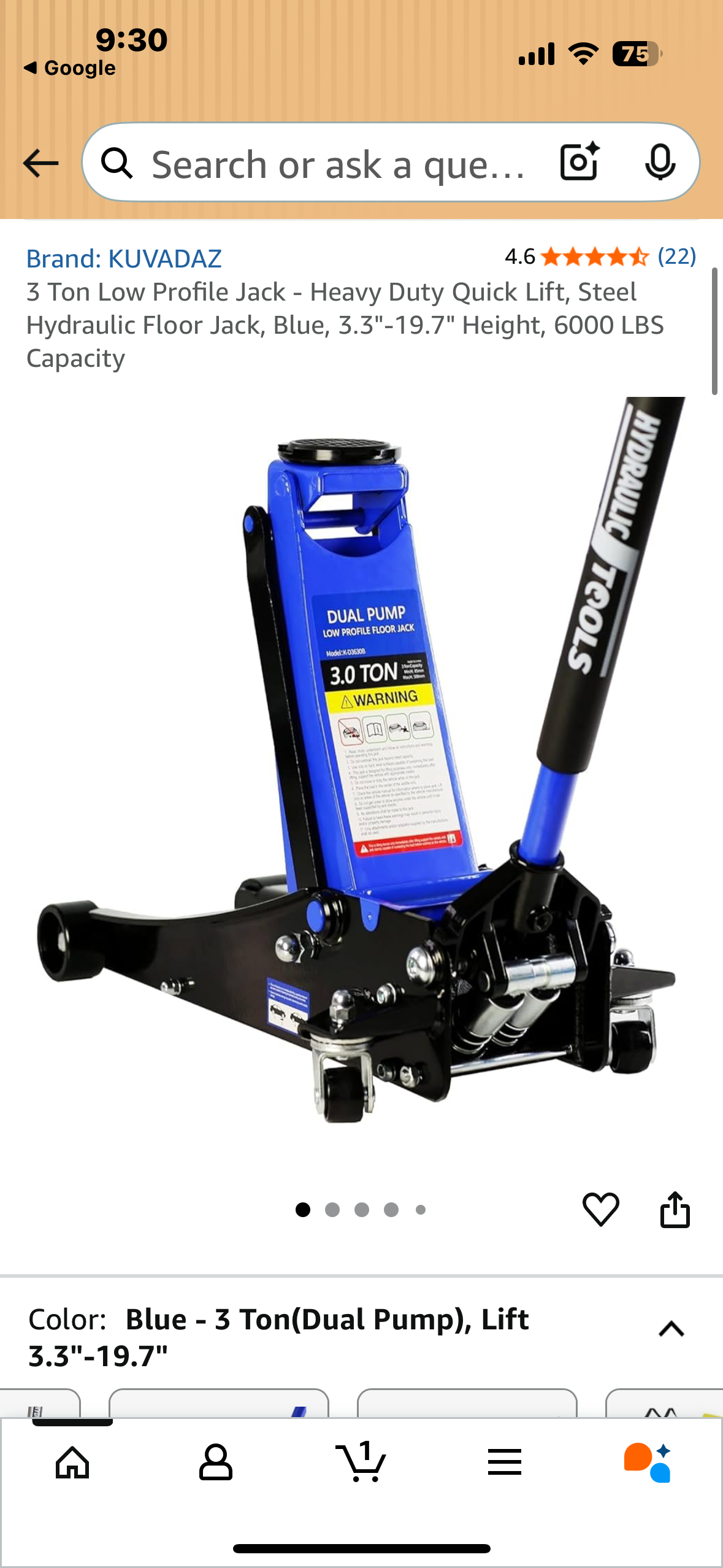 3 Ton Low Profile Jack - Heavy Duty Quick Lift, Steel Hydraulic Floor Jack, Blue, 3.3"-19.7" Height, 6000 LBS
Capacity (G868)