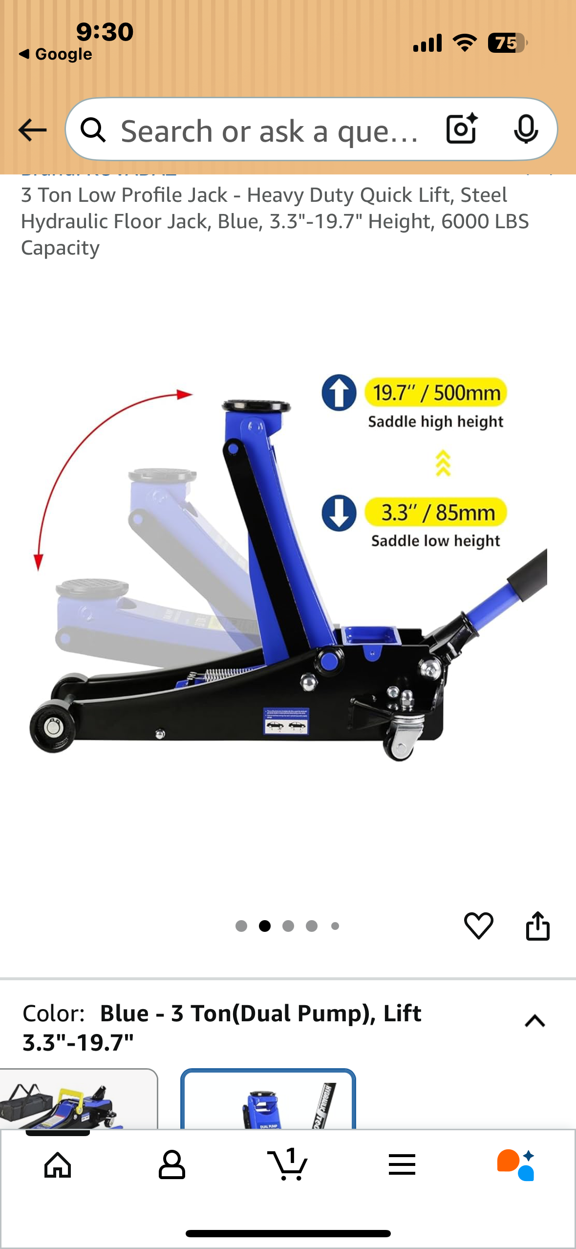 3 Ton Low Profile Jack - Heavy Duty Quick Lift, Steel Hydraulic Floor Jack, Blue, 3.3"-19.7" Height, 6000 LBS
Capacity (G868)