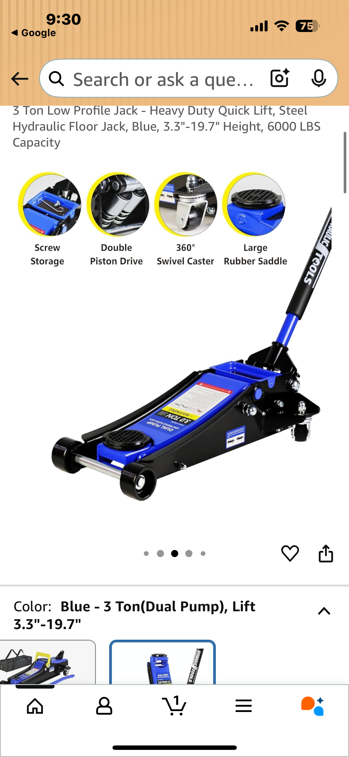 3 Ton Low Profile Jack - Heavy Duty Quick Lift, Steel Hydraulic Floor Jack, Blue, 3.3"-19.7" Height, 6000 LBS
Capacity (G868)