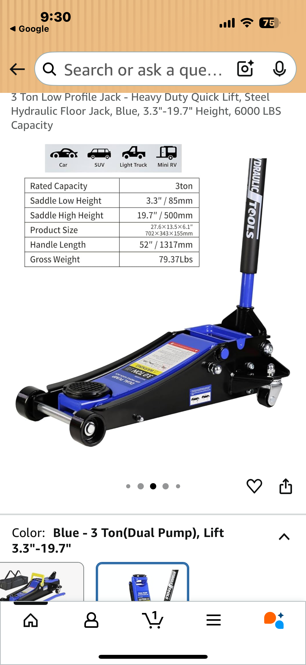 3 Ton Low Profile Jack - Heavy Duty Quick Lift, Steel Hydraulic Floor Jack, Blue, 3.3"-19.7" Height, 6000 LBS
Capacity (G868)