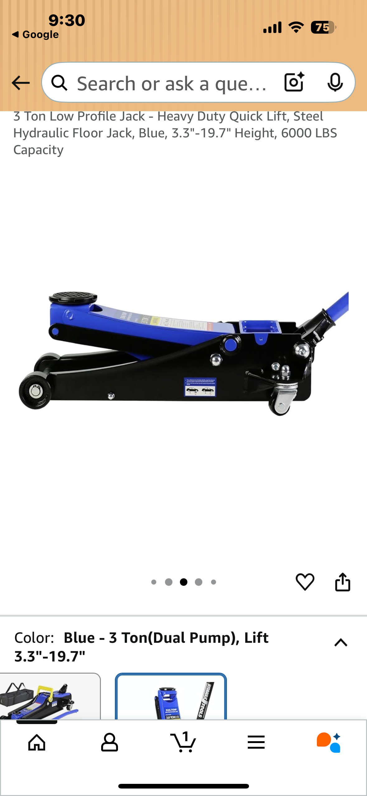 3 Ton Low Profile Jack - Heavy Duty Quick Lift, Steel Hydraulic Floor Jack, Blue, 3.3"-19.7" Height, 6000 LBS
Capacity (G868)