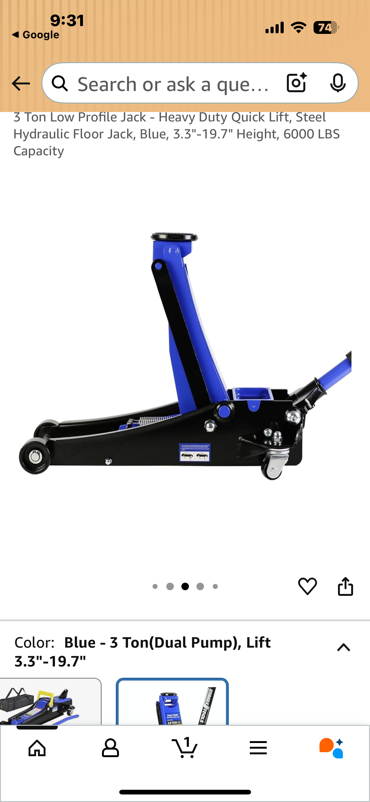 3 Ton Low Profile Jack - Heavy Duty Quick Lift, Steel Hydraulic Floor Jack, Blue, 3.3"-19.7" Height, 6000 LBS
Capacity (G868)