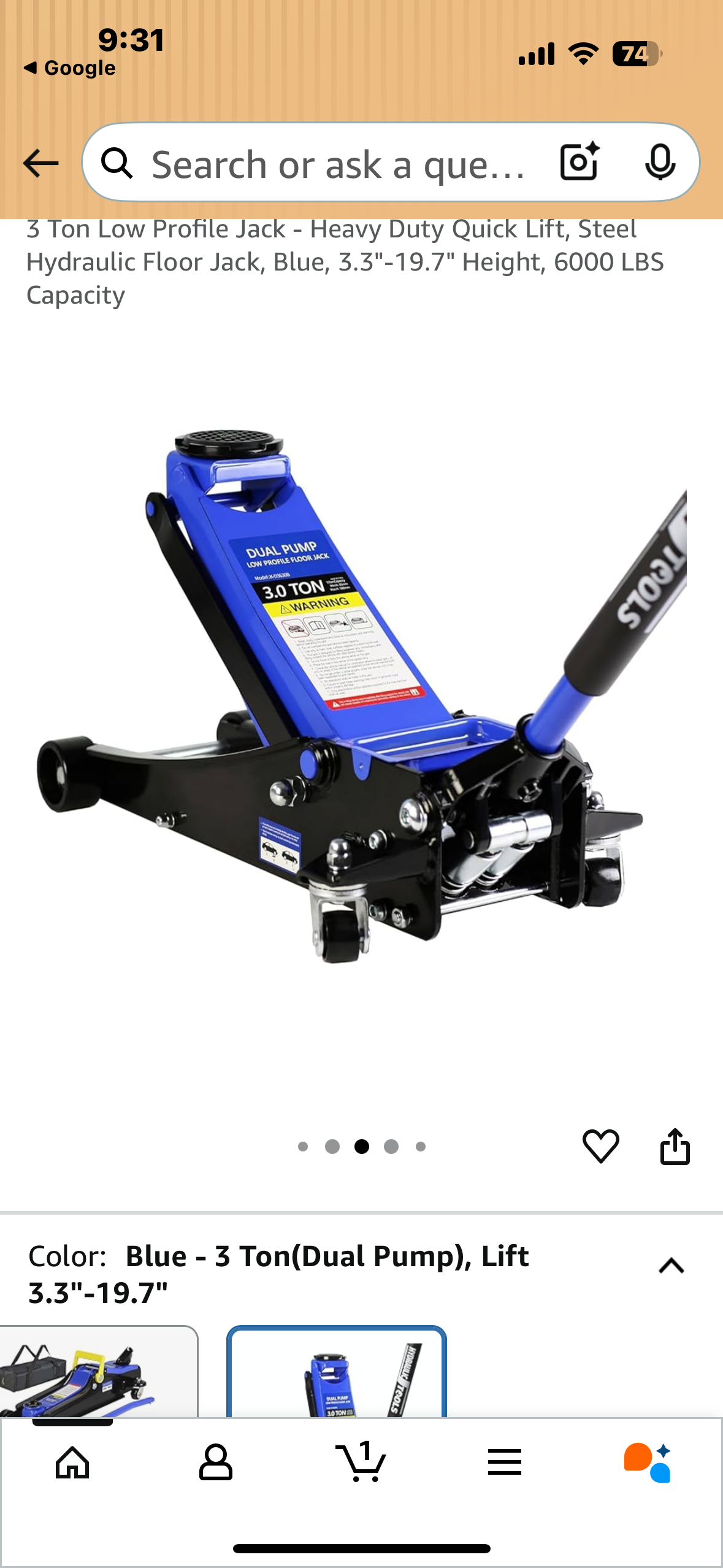 3 Ton Low Profile Jack - Heavy Duty Quick Lift, Steel Hydraulic Floor Jack, Blue, 3.3"-19.7" Height, 6000 LBS
Capacity (G868)