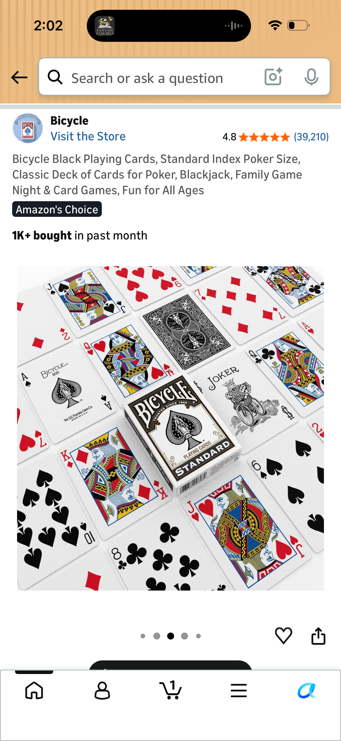 Bicycle Black Playing Cards, Standard Index Poker Size, Classic Deck of Cards for Poker, Blackjack, Family Game Night & Card Games, Fun for All Ages