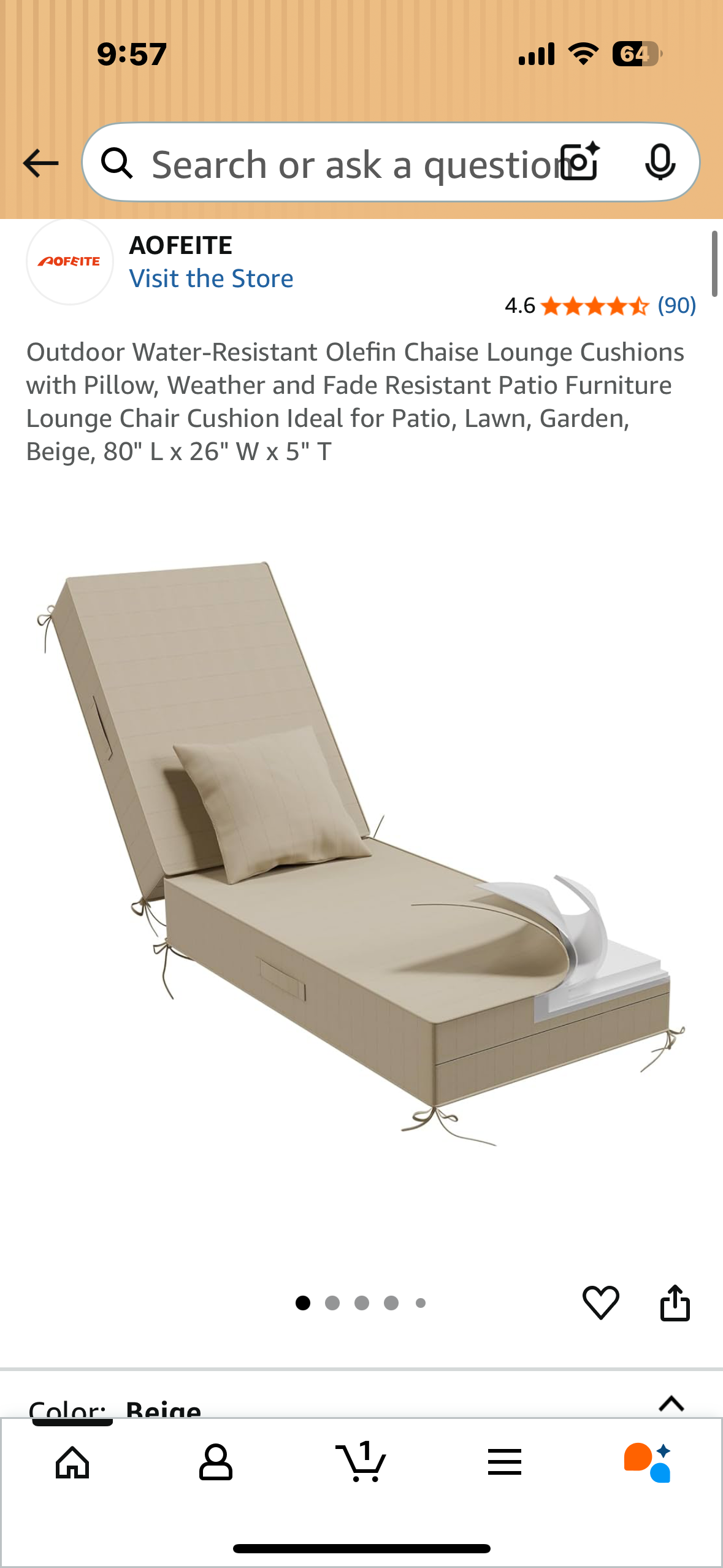 Outdoor Water-Resistant Olefin Chaise Lounge Cushions with Pillow, Weather and Fade Resistant Patio Furniture Lounge Chair Cushion Ideal for Patio, Lawn, Garden, Beige, 80" L x 26" W x 5" T (2 sets of Cushions) (G869)
