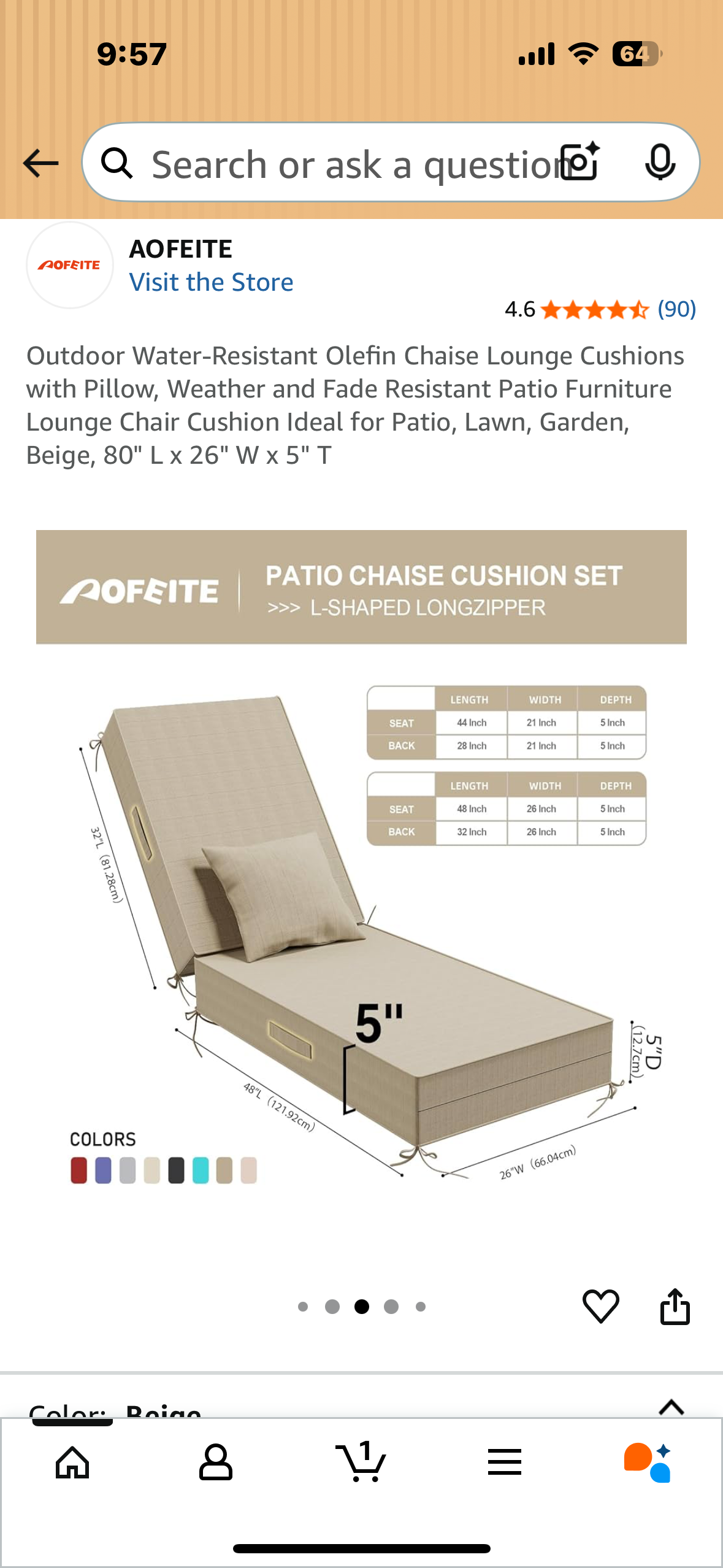 Outdoor Water-Resistant Olefin Chaise Lounge Cushions with Pillow, Weather and Fade Resistant Patio Furniture Lounge Chair Cushion Ideal for Patio, Lawn, Garden, Beige, 80" L x 26" W x 5" T (2 sets of Cushions) (G869)