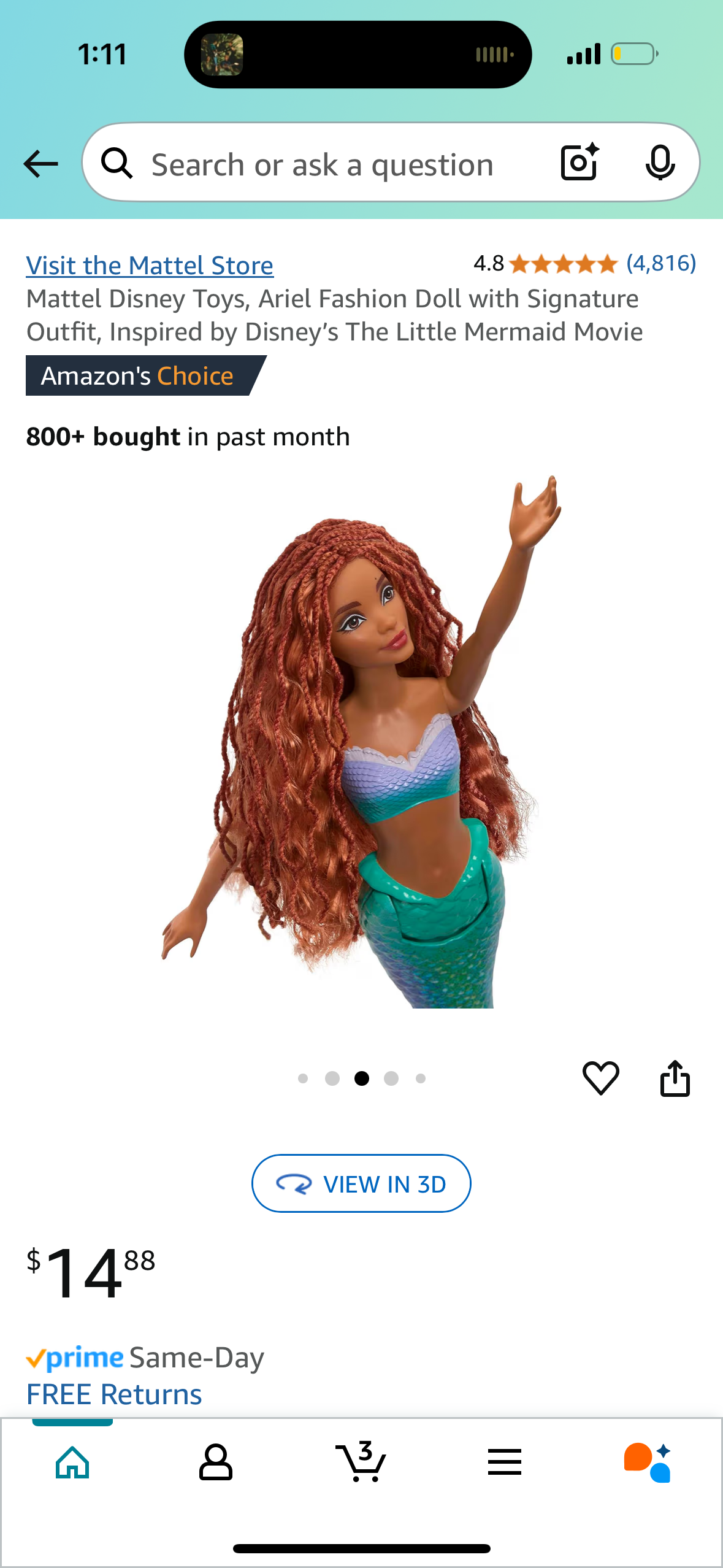 Mattel Disney Toys, Ariel Fashion Doll with Signature Outfit, Inspired by Disney’s The Little Mermaid Movie