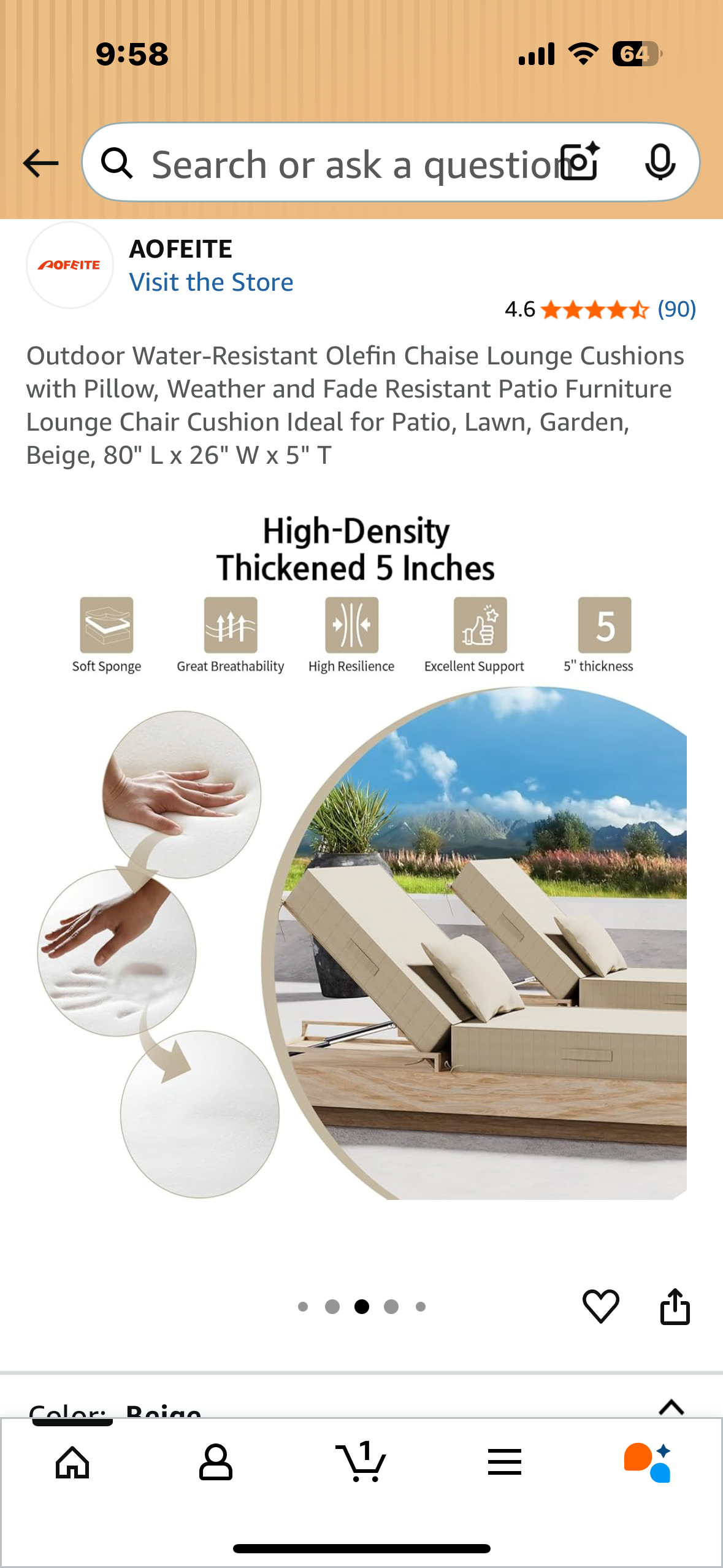 Outdoor Water-Resistant Olefin Chaise Lounge Cushions with Pillow, Weather and Fade Resistant Patio Furniture Lounge Chair Cushion Ideal for Patio, Lawn, Garden, Beige, 80" L x 26" W x 5" T (2 sets of Cushions) (G869)
