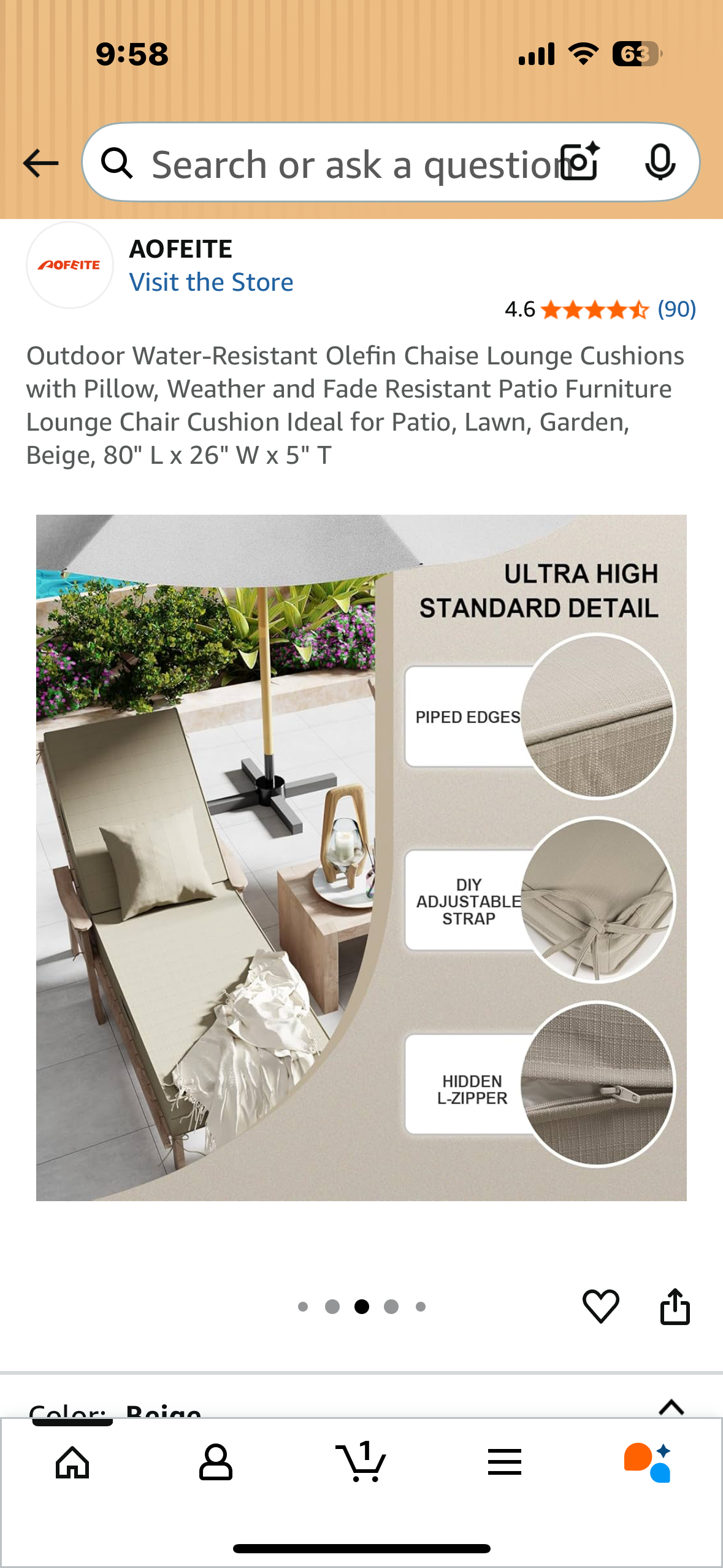 Outdoor Water-Resistant Olefin Chaise Lounge Cushions with Pillow, Weather and Fade Resistant Patio Furniture Lounge Chair Cushion Ideal for Patio, Lawn, Garden, Beige, 80" L x 26" W x 5" T (2 sets of Cushions) (G869)