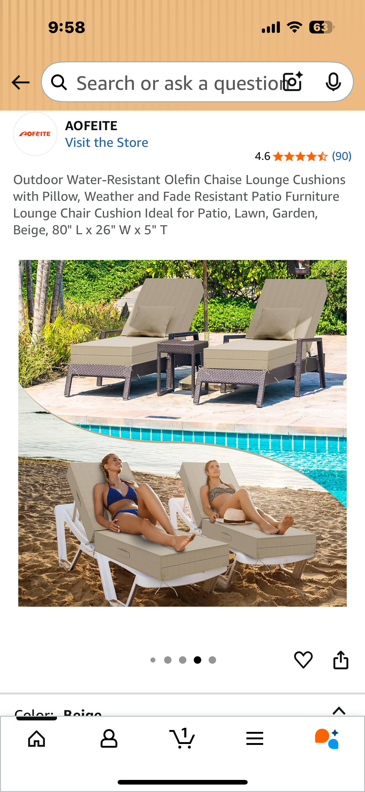 Outdoor Water-Resistant Olefin Chaise Lounge Cushions with Pillow, Weather and Fade Resistant Patio Furniture Lounge Chair Cushion Ideal for Patio, Lawn, Garden, Beige, 80" L x 26" W x 5" T (2 sets of Cushions) (G869)