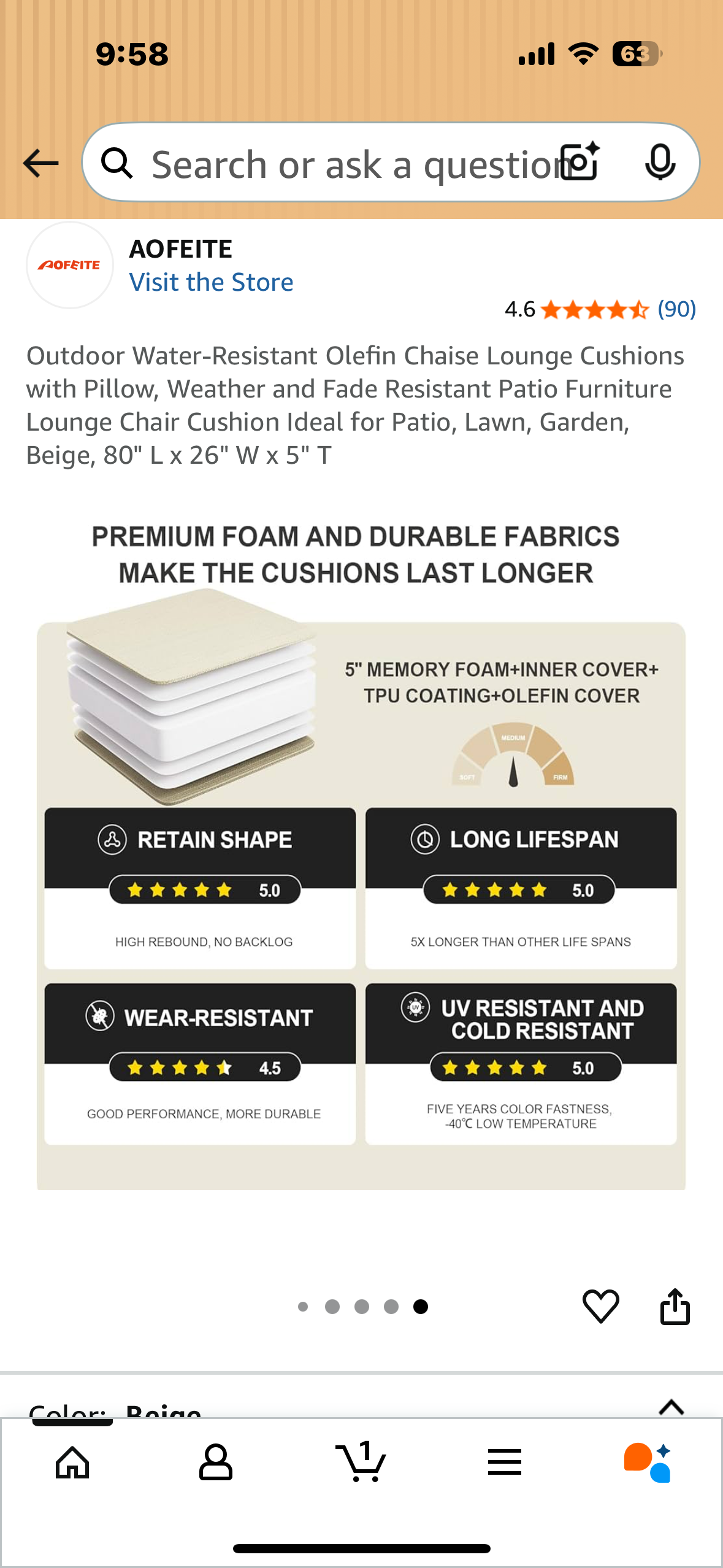 Outdoor Water-Resistant Olefin Chaise Lounge Cushions with Pillow, Weather and Fade Resistant Patio Furniture Lounge Chair Cushion Ideal for Patio, Lawn, Garden, Beige, 80" L x 26" W x 5" T (2 sets of Cushions) (G869)