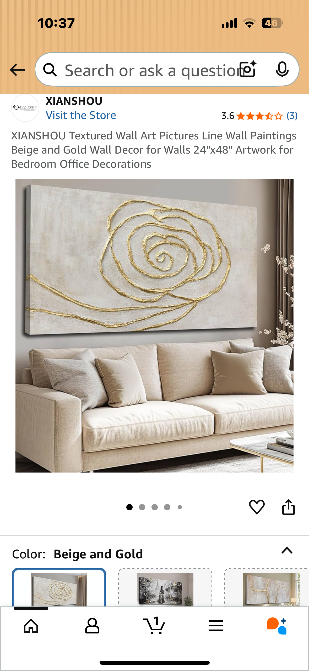 Textured Wall Art Canvas, Beige and Gold Wall Decor, 24"x48" Artwork for Home or Office (L1028)