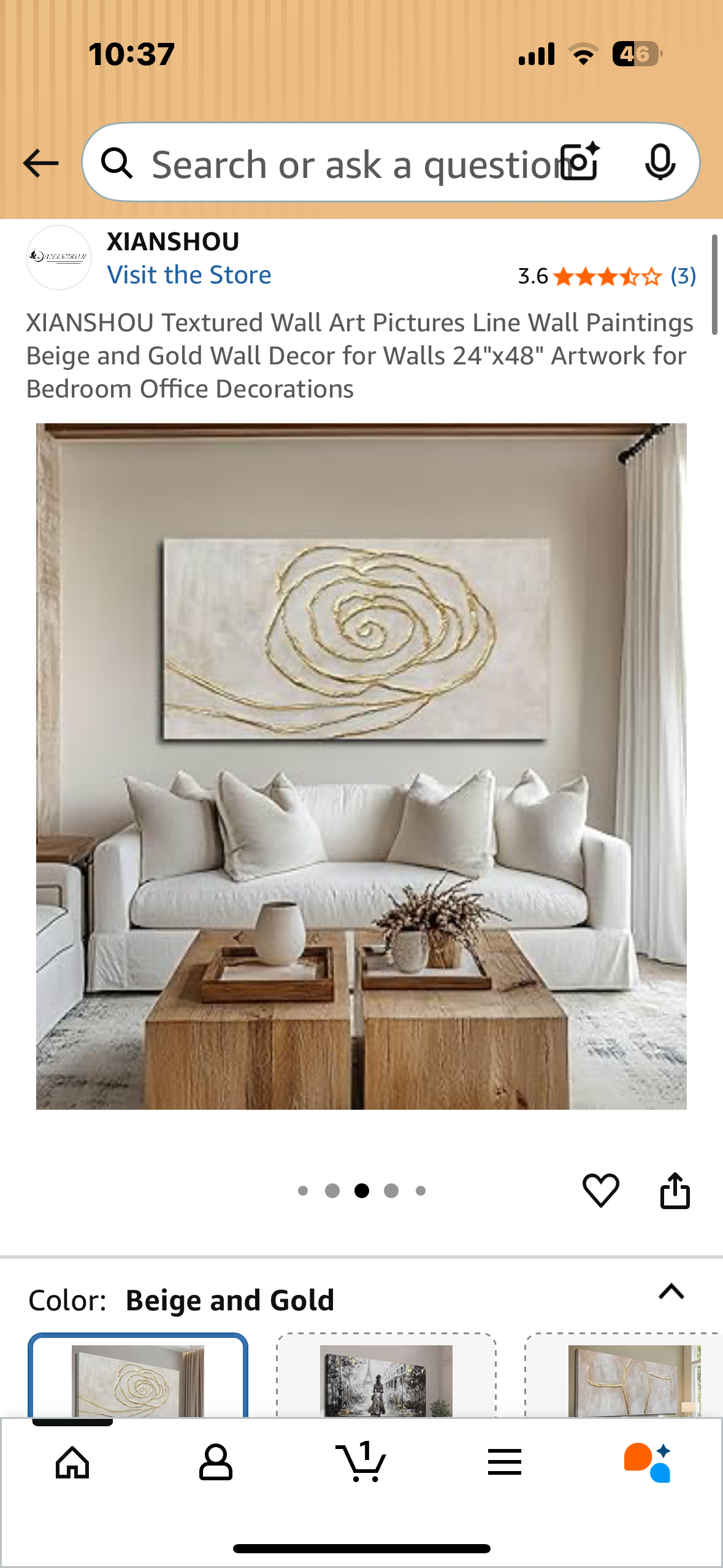 Textured Wall Art Canvas, Beige and Gold Wall Decor, 24"x48" Artwork for Home or Office (L1028)