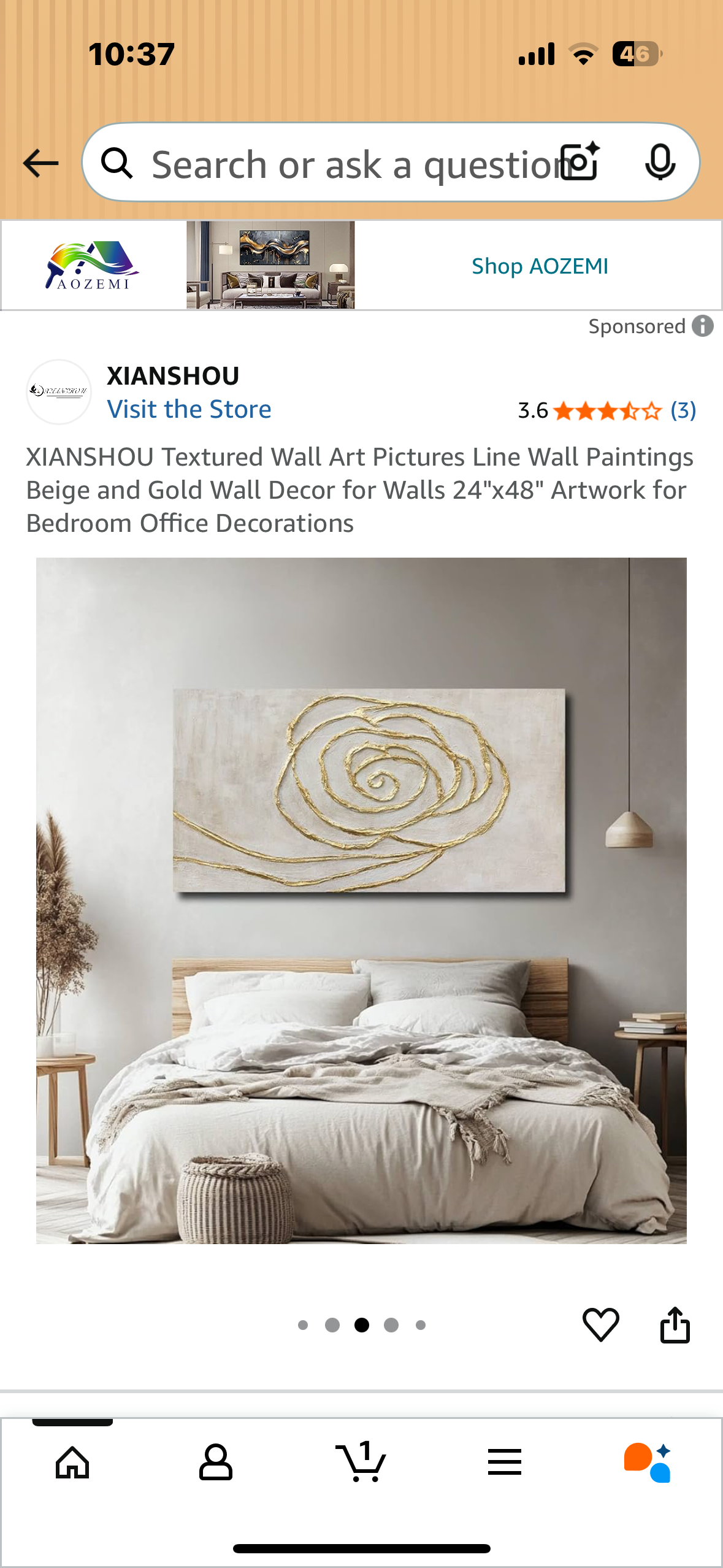 Textured Wall Art Canvas, Beige and Gold Wall Decor, 24"x48" Artwork for Home or Office (L1028)