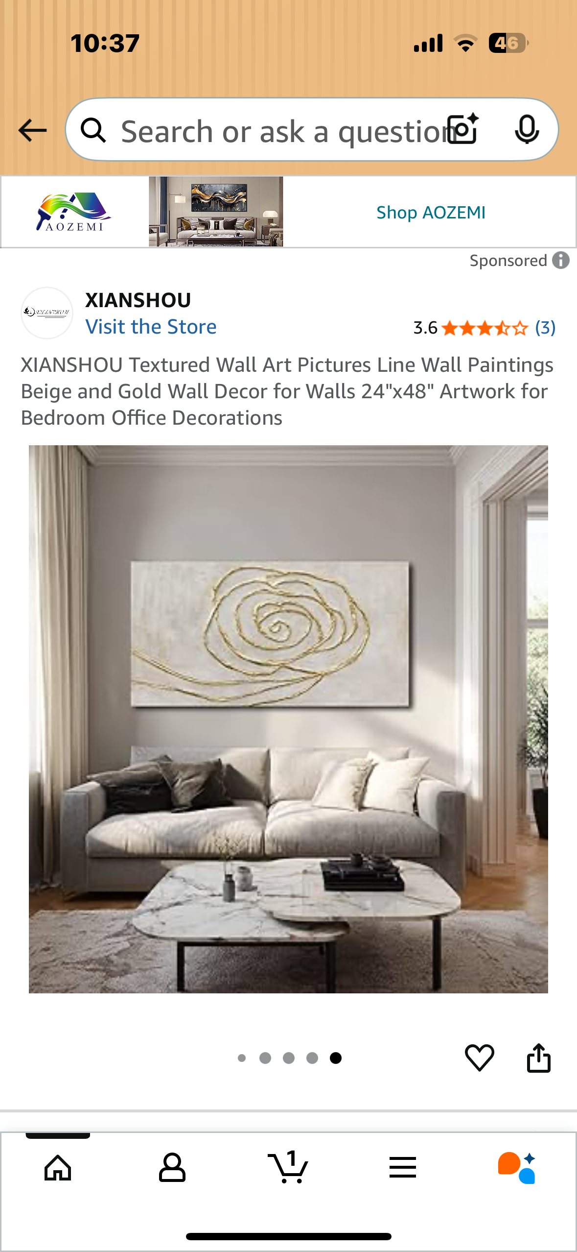 Textured Wall Art Canvas, Beige and Gold Wall Decor, 24"x48" Artwork for Home or Office (L1028)