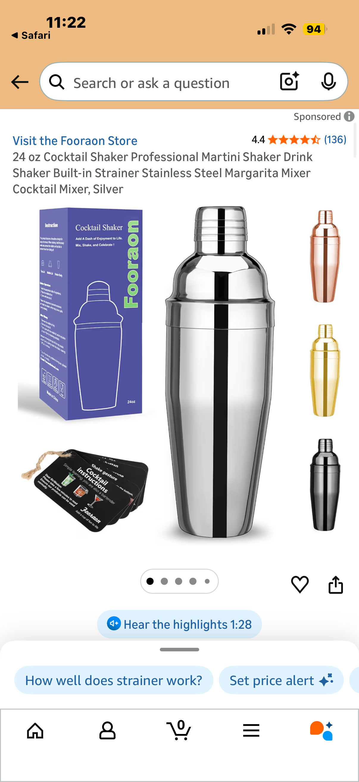 24 oz Cocktail Shaker Professional Martini Shaker Drink Shaker Built-in Strainer Stainless Steel Margarita Mixer Cocktail Mixer, Silver l