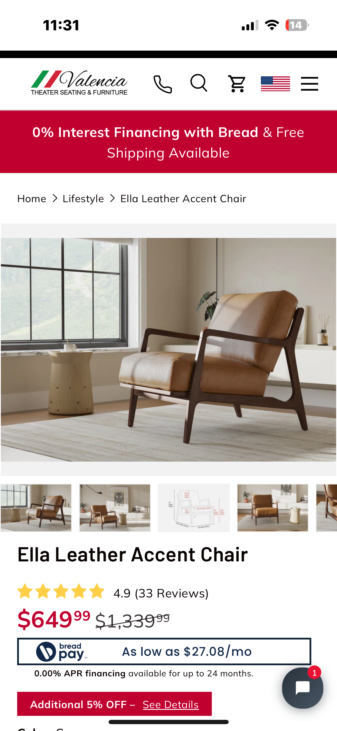 Valencia Ella Leather Accent Chair, Top Grain Nappa Leather, Mid-Century Modern Armchair with Sold Wood Frame for Living Room, Cognac (L1029)
