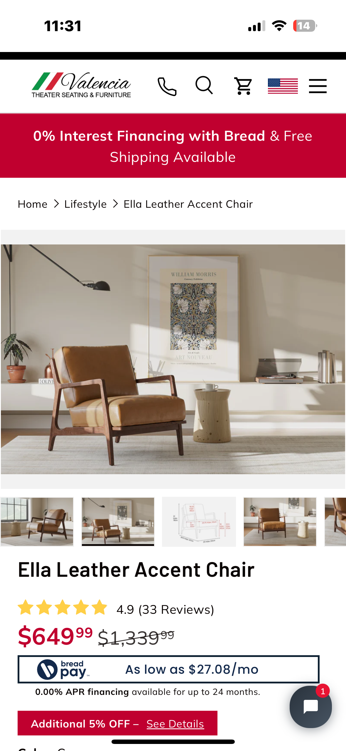 Valencia Ella Leather Accent Chair, Top Grain Nappa Leather, Mid-Century Modern Armchair with Sold Wood Frame for Living Room, Cognac (L1029)