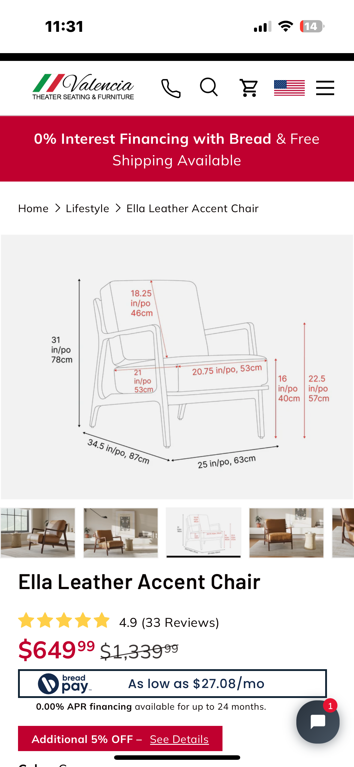 Valencia Ella Leather Accent Chair, Top Grain Nappa Leather, Mid-Century Modern Armchair with Sold Wood Frame for Living Room, Cognac (L1029)