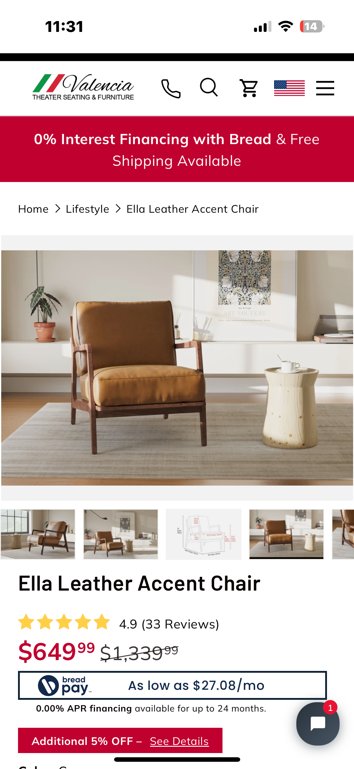 Valencia Ella Leather Accent Chair, Top Grain Nappa Leather, Mid-Century Modern Armchair with Sold Wood Frame for Living Room, Cognac (L1029)