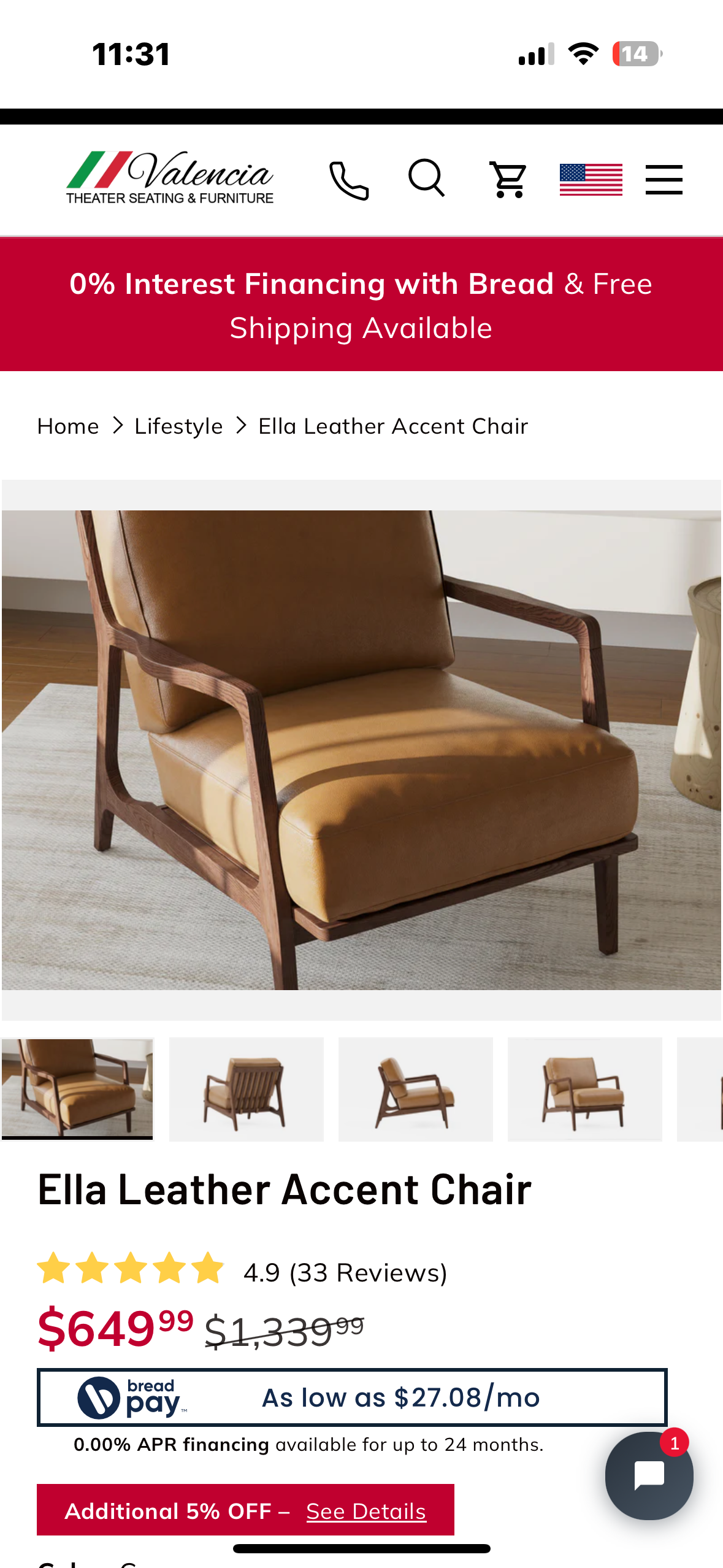 Valencia Ella Leather Accent Chair, Top Grain Nappa Leather, Mid-Century Modern Armchair with Sold Wood Frame for Living Room, Cognac (L1029)