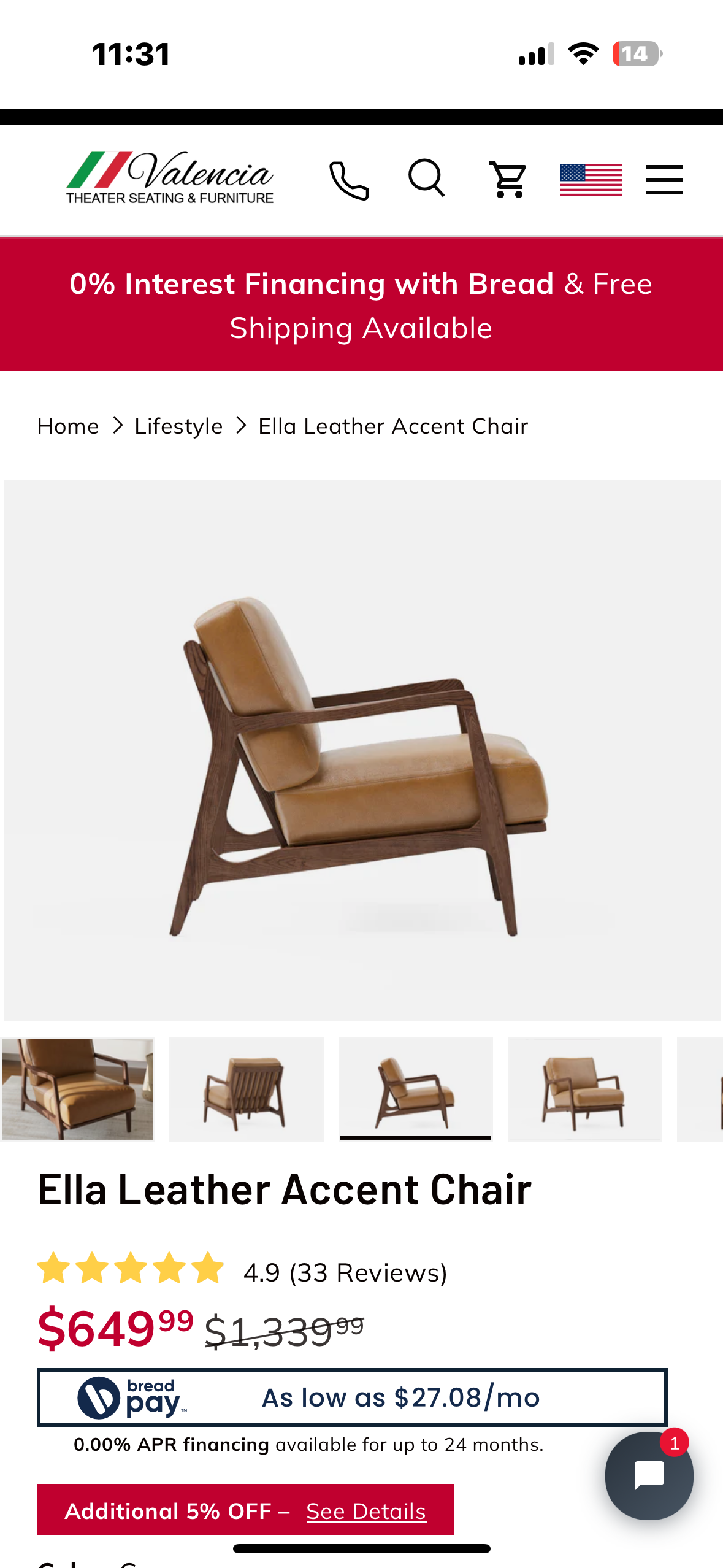 Valencia Ella Leather Accent Chair, Top Grain Nappa Leather, Mid-Century Modern Armchair with Sold Wood Frame for Living Room, Cognac (L1029)