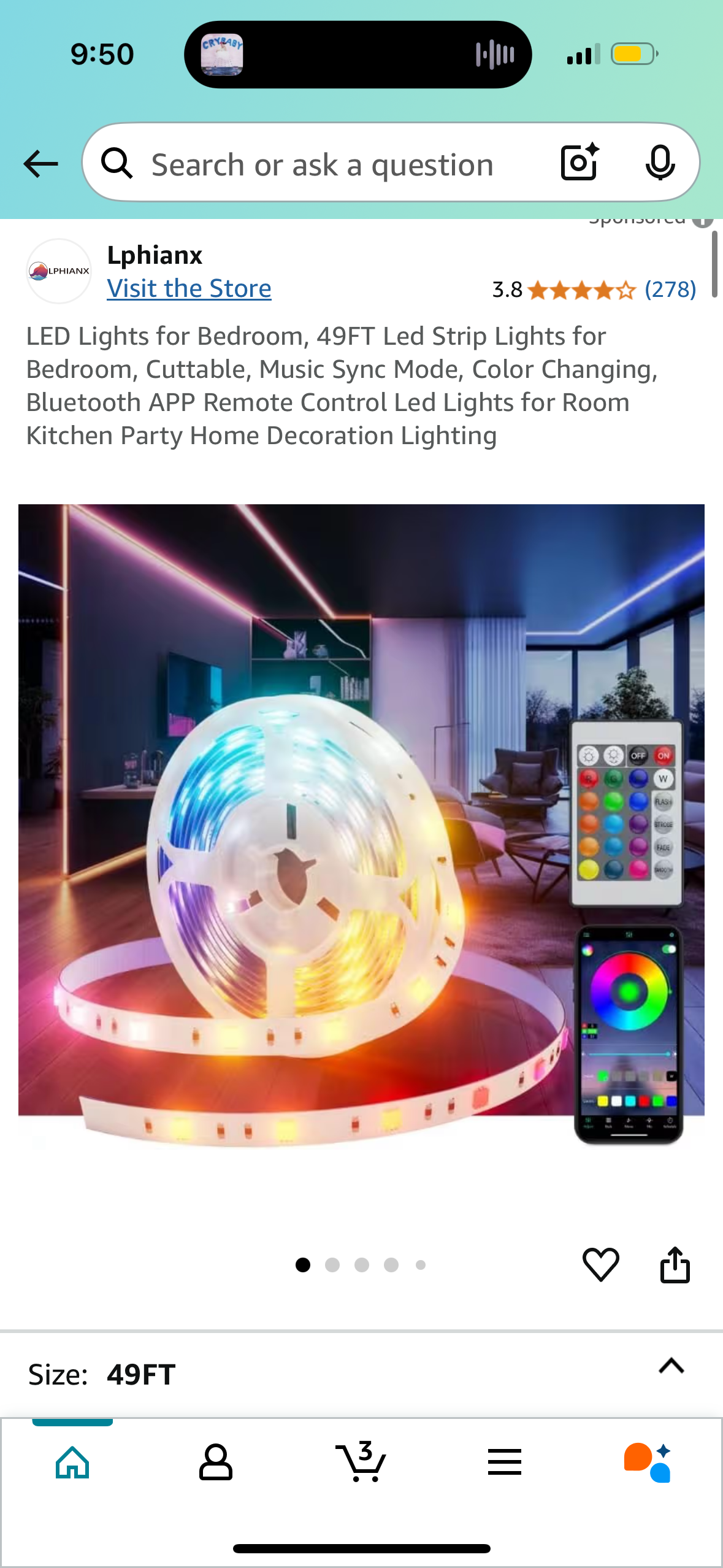 ‼️2 for $3‼️ LED Lights for Bedroom, 49FT Led Strip Lights for Bedroom, Cuttable, Music Sync Mode, Color Changing, Bluetooth APP Remote Control Led Lights for Room Kitchen Party Home Decoration Lighting