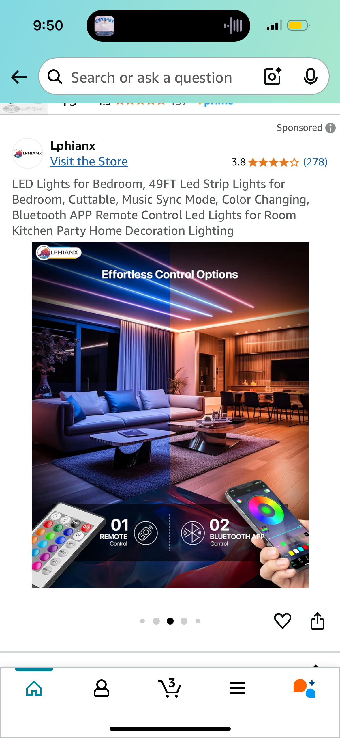 ‼️2 for $3‼️ LED Lights for Bedroom, 49FT Led Strip Lights for Bedroom, Cuttable, Music Sync Mode, Color Changing, Bluetooth APP Remote Control Led Lights for Room Kitchen Party Home Decoration Lighting