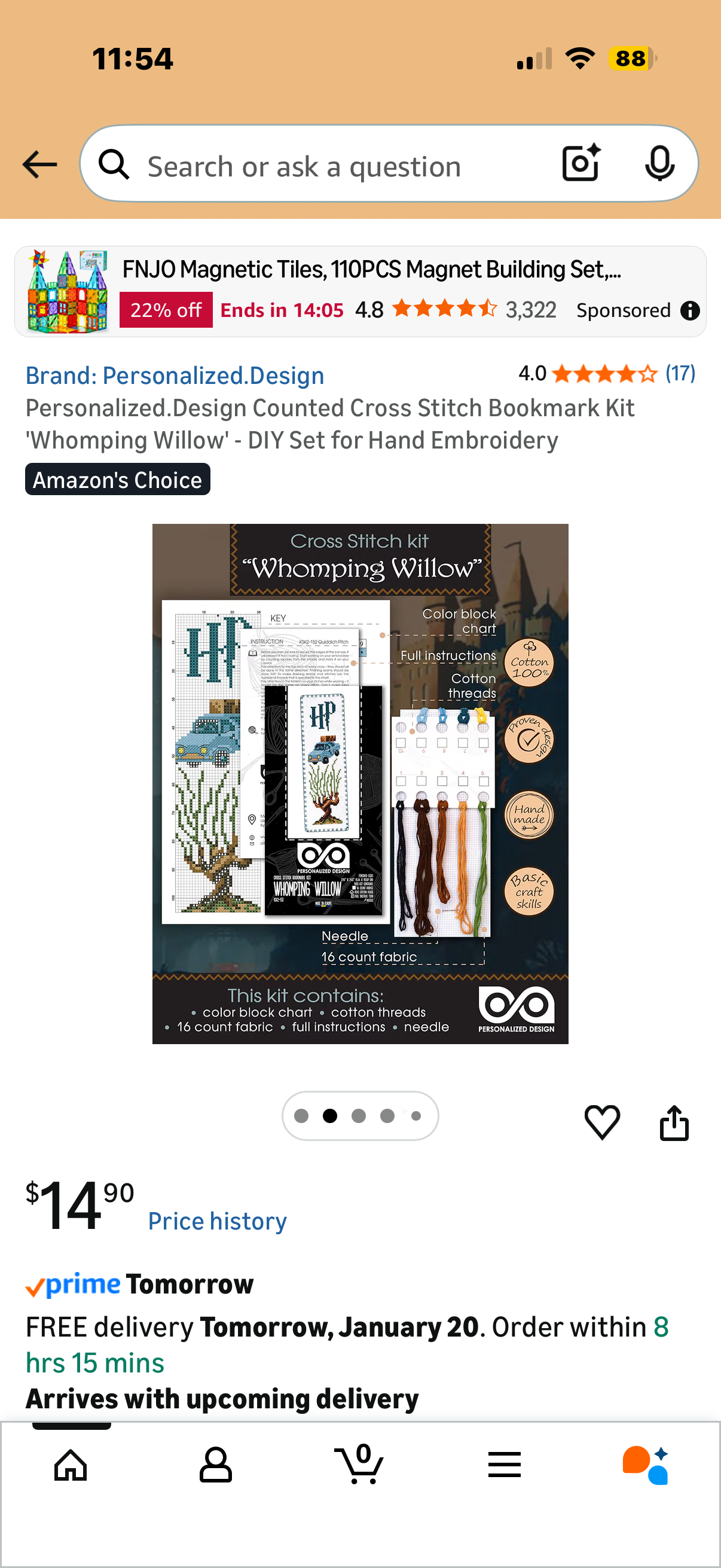 Counted Cross Stitch Bookmark Kit 'Whomping Willow' - DIY Set for Hand Embroidery