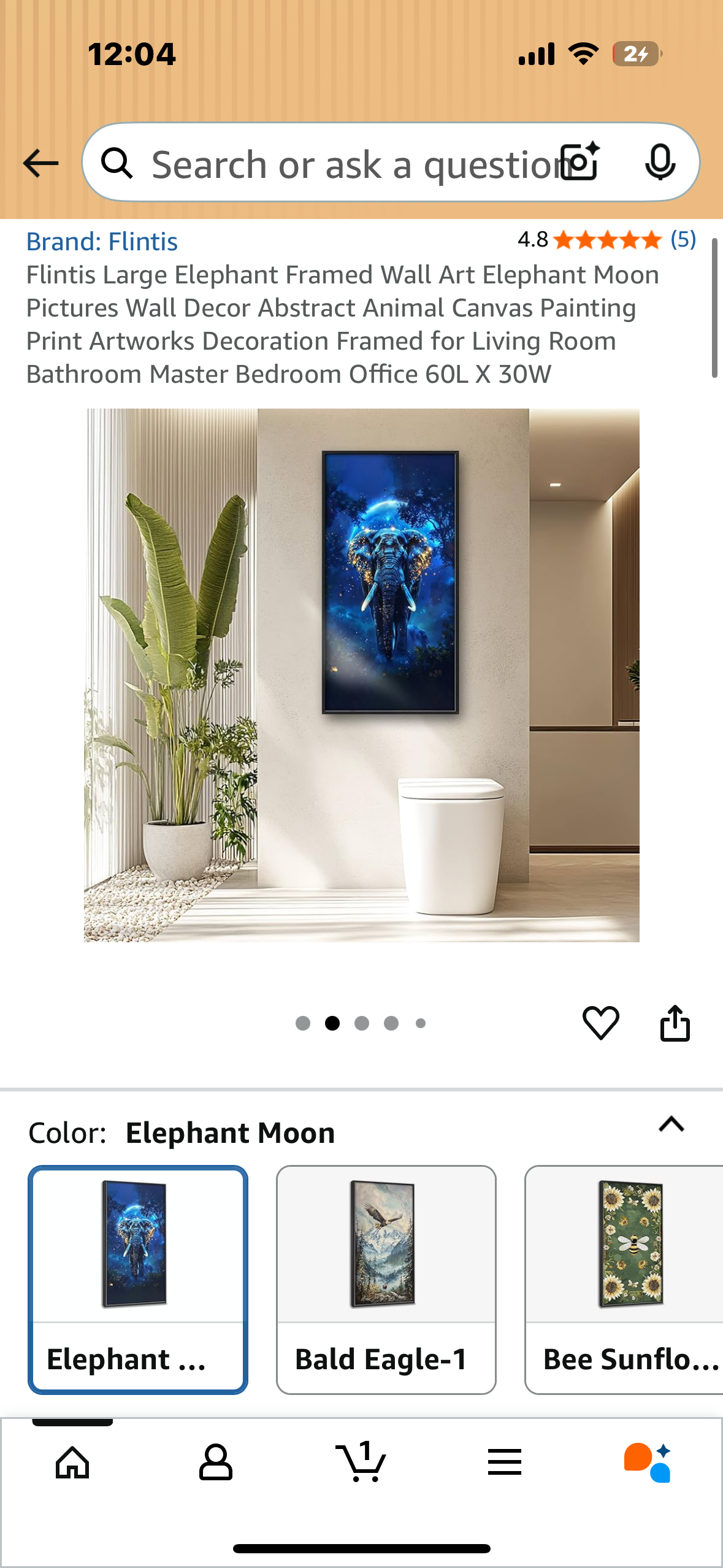 Flintis Large Elephant Framed Wall Art Canvas, Abstract Animal Canvas Painting Framed for Living Room, Bathroom Master Bedroom, Office, 60L X 30W (L1030)