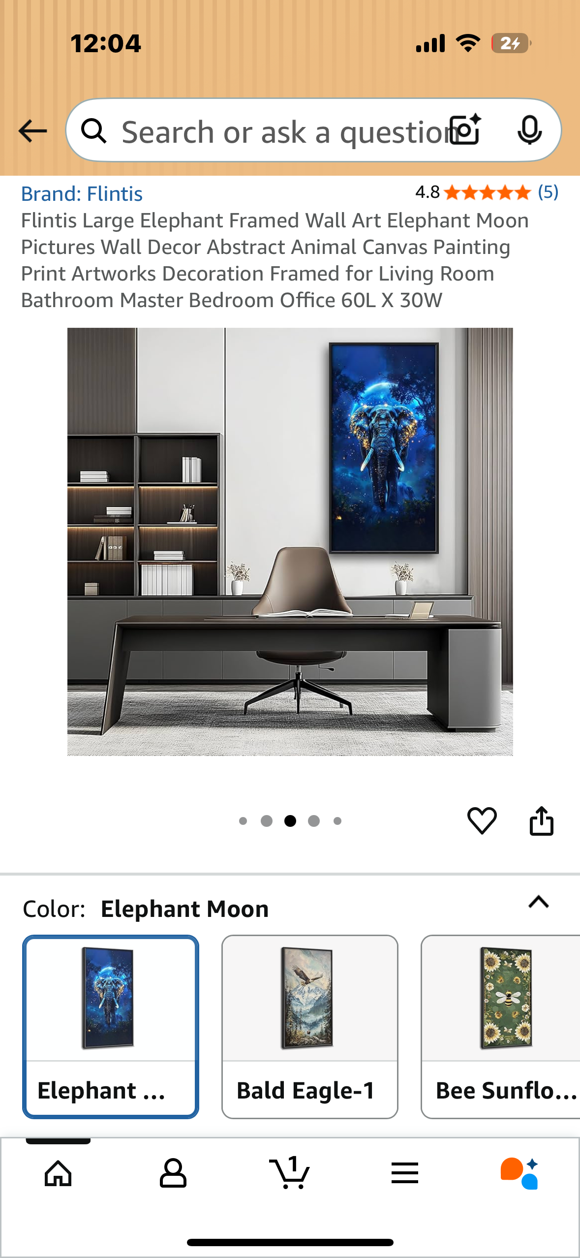 Flintis Large Elephant Framed Wall Art Canvas, Abstract Animal Canvas Painting Framed for Living Room, Bathroom Master Bedroom, Office, 60L X 30W (L1030)